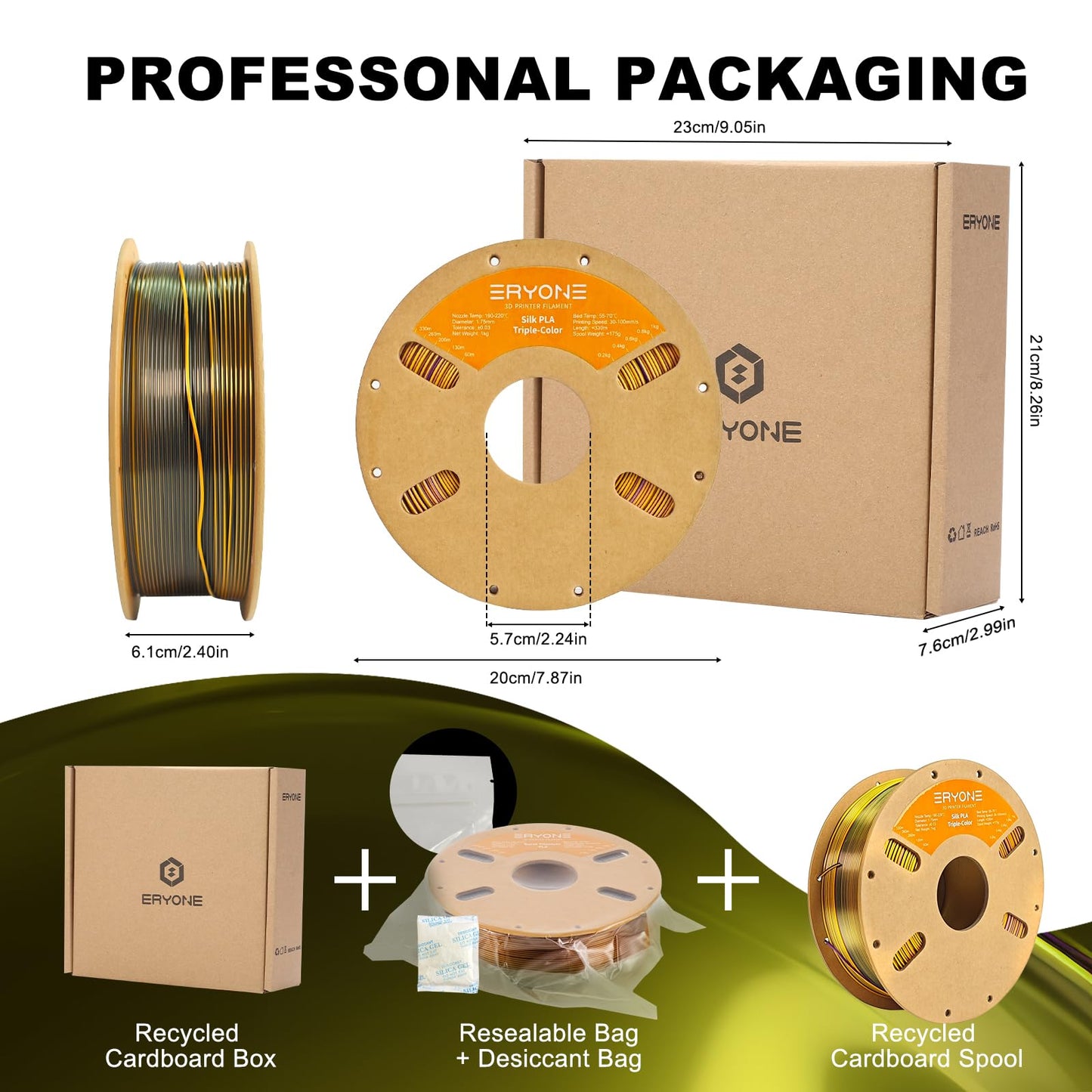 ERYONE Tricolor Silk PLA Filament 1.75mm, Silky Multicolor PLA Filament for 3D Printers +/- 0.03mm, Co-Extrusion Silk PLA Filament 1kg/spool, Gold & Purple & Black