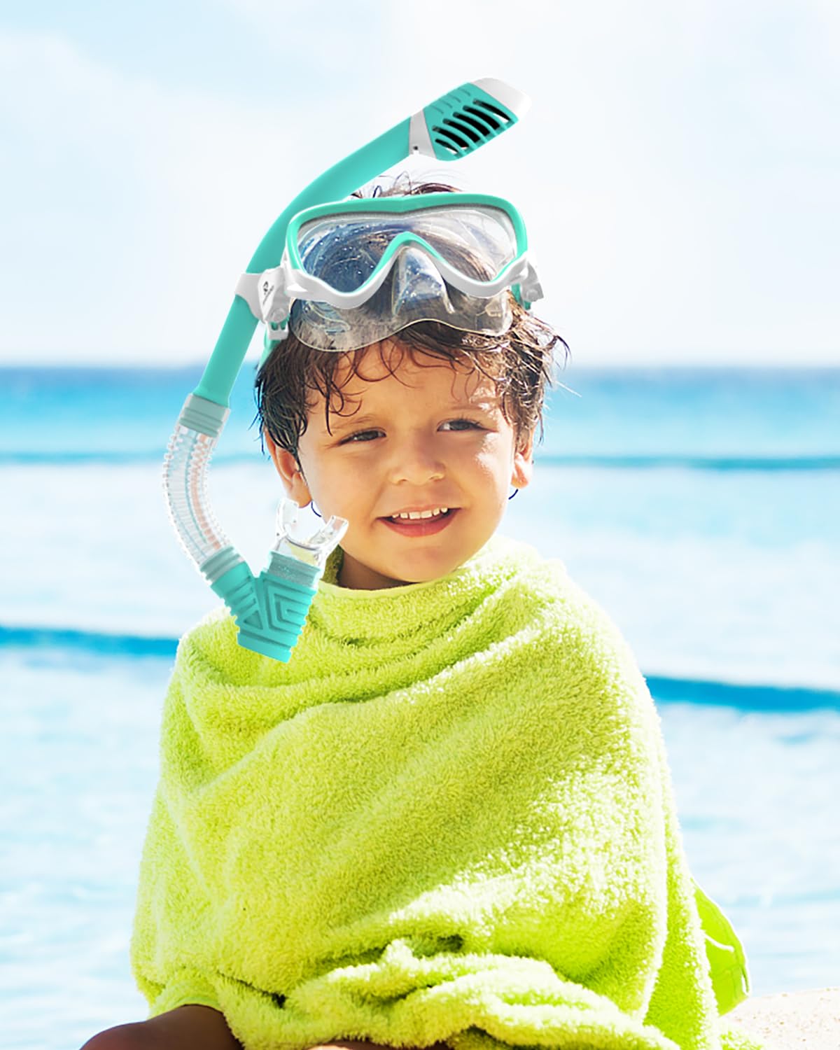 RIOROO Kids Diving Mask and Snorkel Set with leak-proof and fog-resistant design. 180° panoramic HD view with nose cover. Suitable for boys and girls aged 4-14.