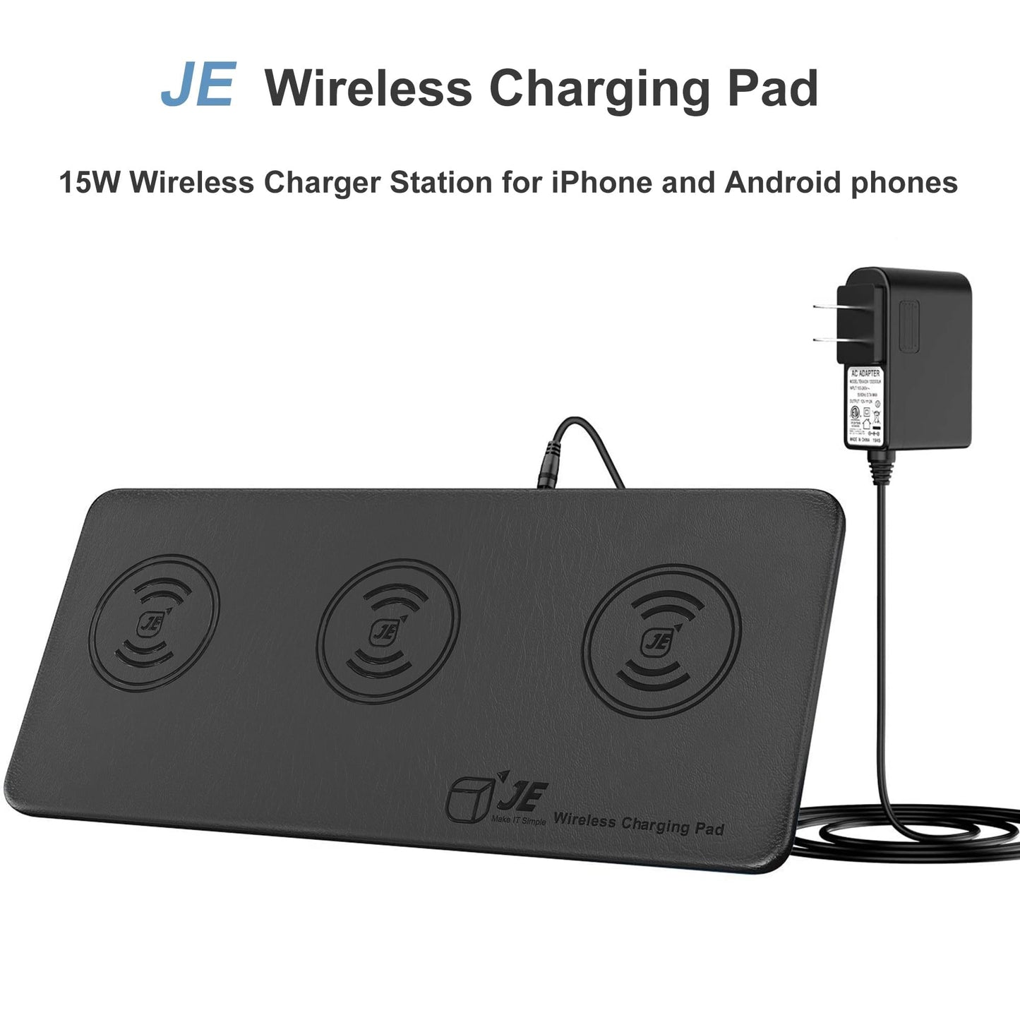 3-in-1 Wireless Charger Pad, 15W Max Inductive Charging Station for Apple iPhone 16/15/14/13/12/Pro/Max Qi Triple Wireless Charger for AirPods, Black (With Adapter)