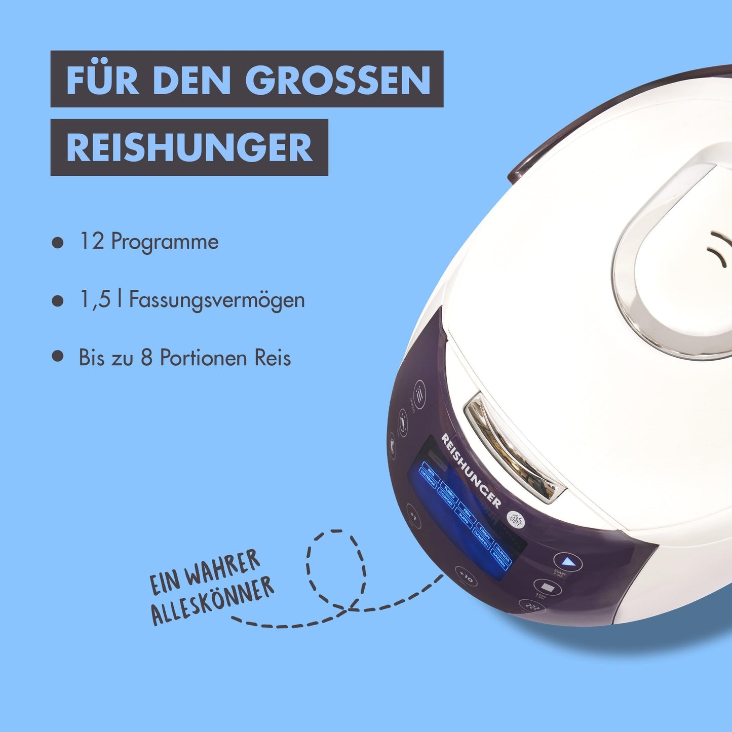 REISHUNGER Digital Rice Cooker & Steamer White | 1.5 L up to 8 people | Keep Warm function, Timer & Premium Inner Pot | Multicooker, 12 programs, 7-phase technology