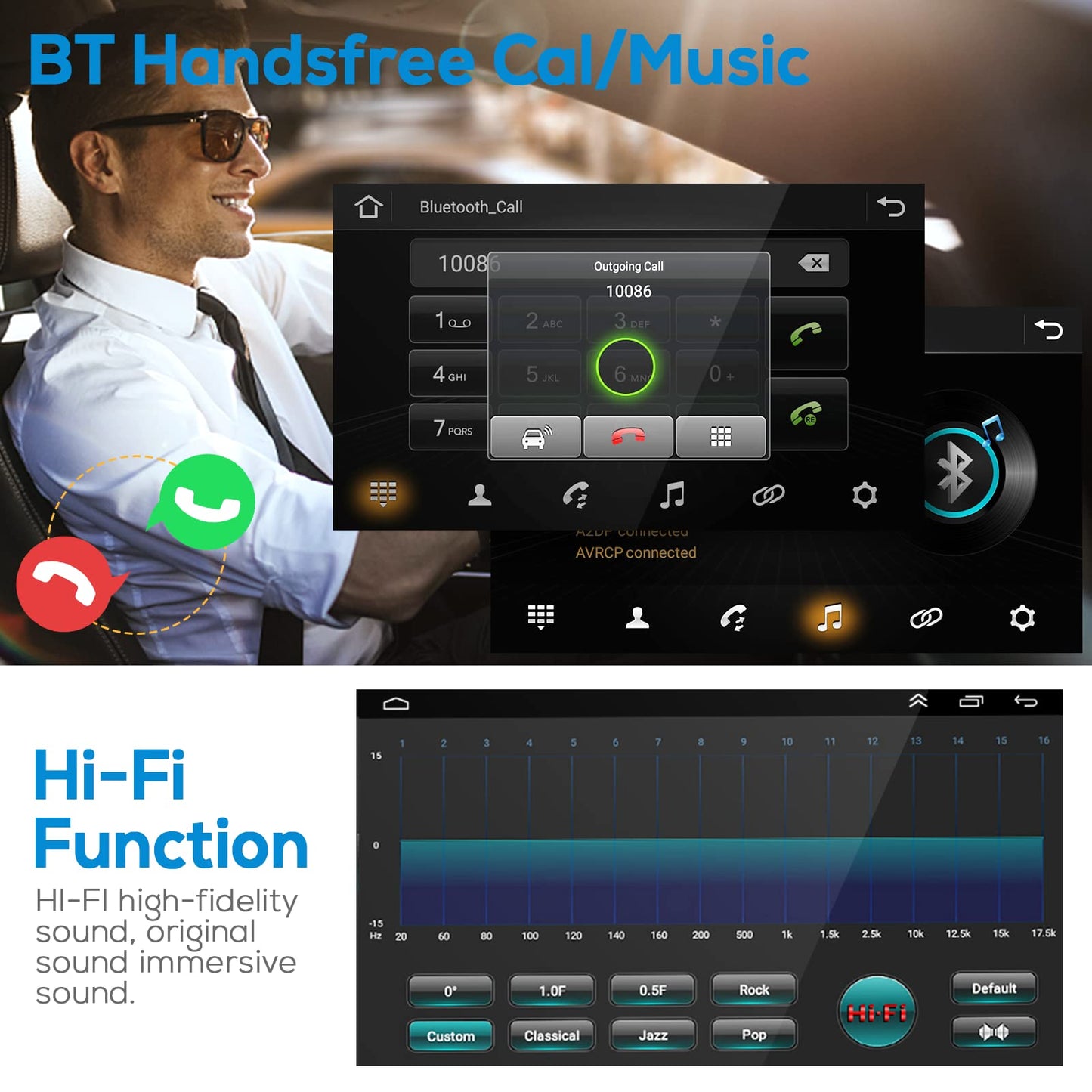 Android double DIN car stereo with Carplay, wireless Android Auto, 7-inch touchscreen, Bluetooth/GPS navigation, FM RDS radio. Car multimedia player with WiFi, USB, and rearview camera.