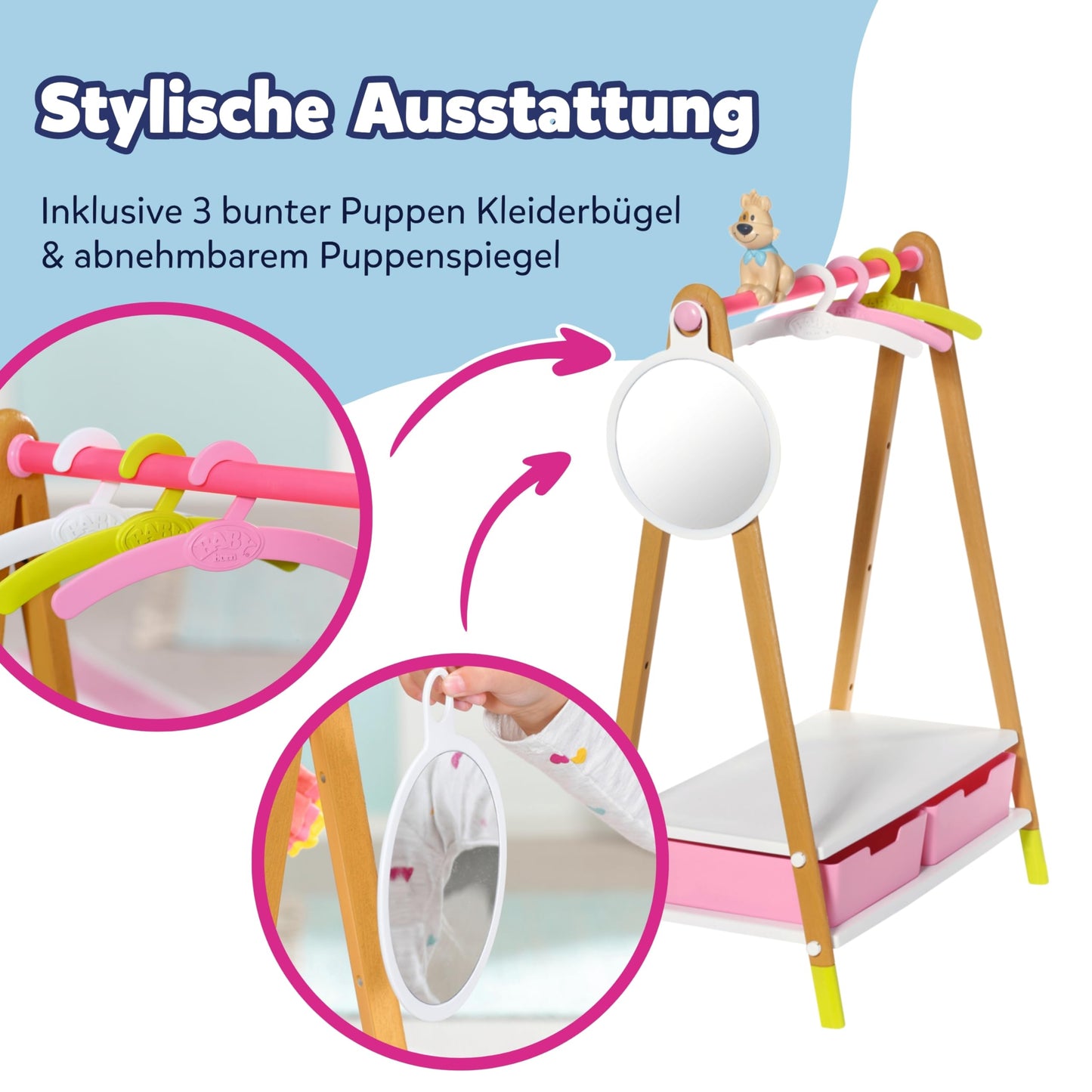 Zapf Creation 830000 BABY born Clothes Stand - Doll Clothes Rack with Wood-look and Accessories, Multicolored