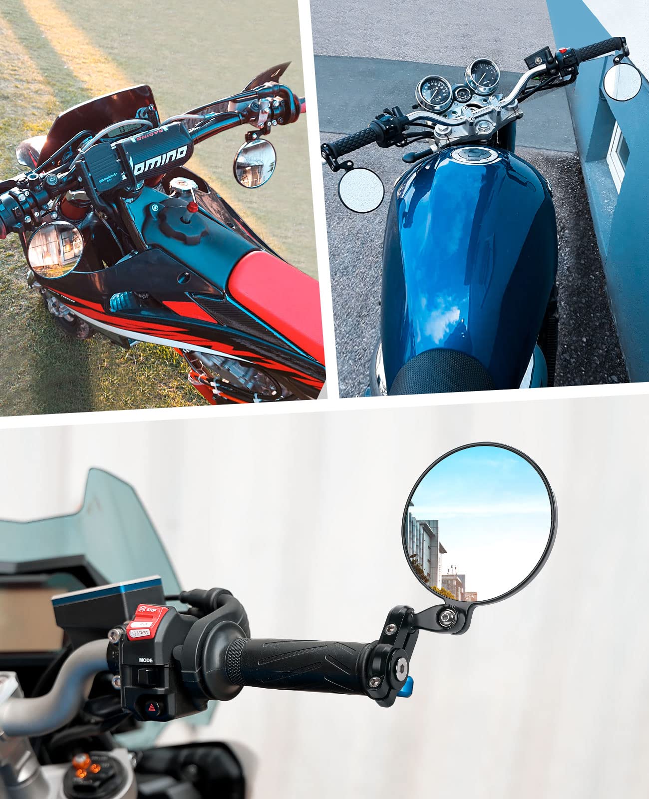 KEMIMOTO CNC Motorcycle Mirrors, E24 Certified, 360° Rotatable, Round Handlebar End Mirrors, Compatible with Scooter, Roller- Sturdy Aluminum Alloy