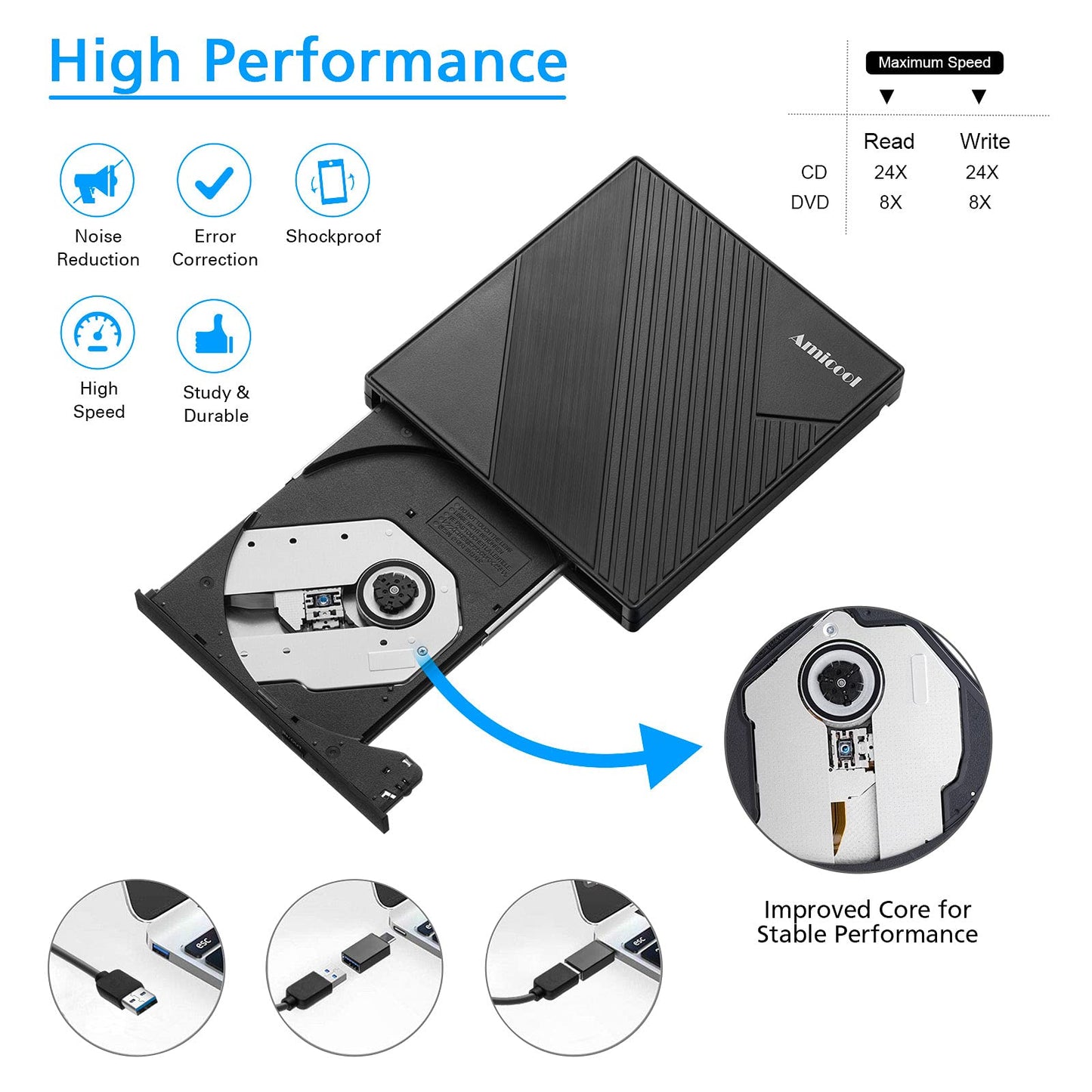 Amicool External DVD Drive External USB 3.0 USB C CD Drive for Laptop Desktop PC MacBook External DVD Burner Windows 7/8.1/10/11 Linux Mac OS CD/DVD Player Portable +/-RW ROM Optical Drive