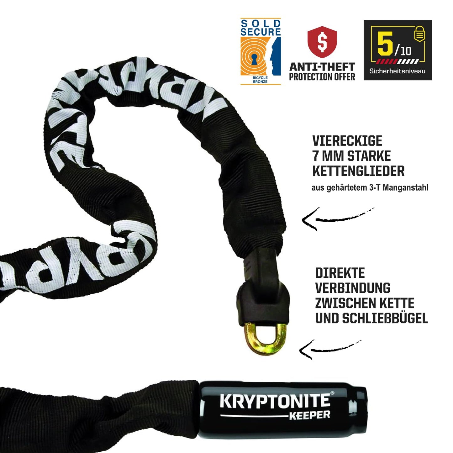 Kryptonite Keeper 785 Integrated Chain Lock - 85 cm, security level 5/10, anti-theft bike lock, with 7 mm steel chain and 2 keys - Black