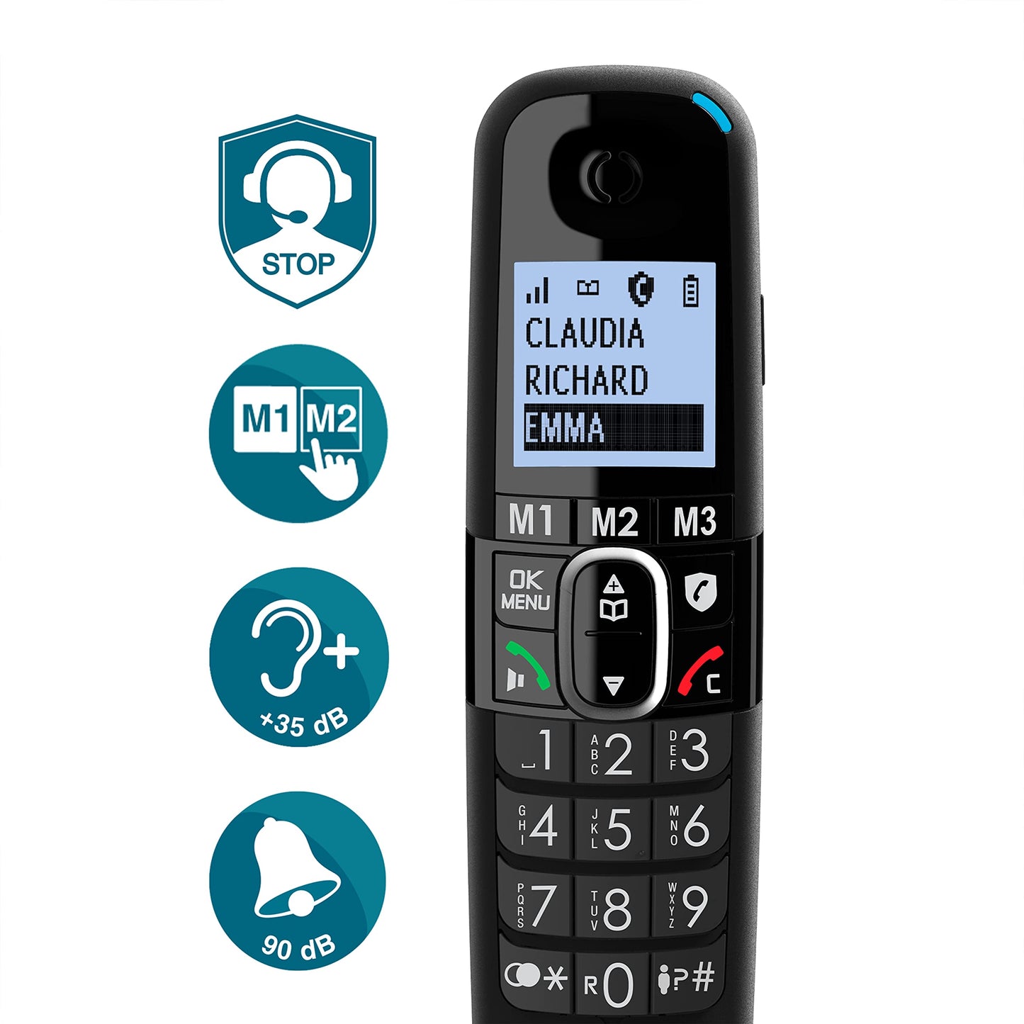 Amplicomms BigTel 1583 Trio cordless DECT big button phone, answering machine, THREE handsets, audio boost, loud ringtones, hearing aid compatible, call protection.