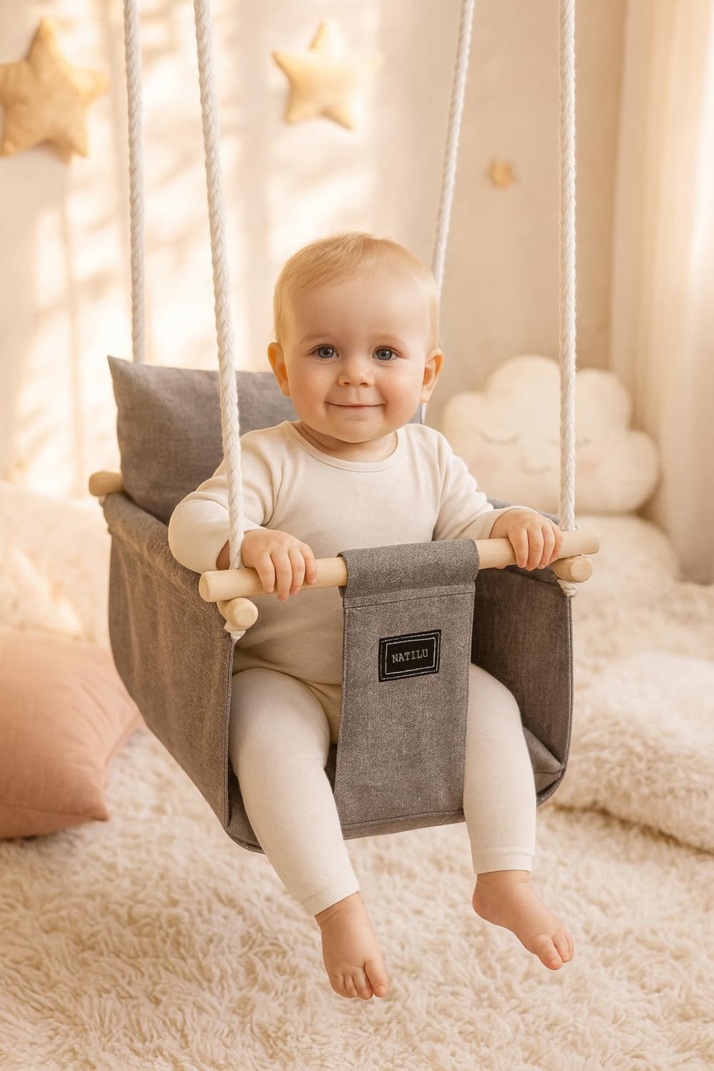 NATILU® Baby Swing Set Indoor Outdoor | Baby Swing | Baby swing Indoor | Wooden Kids Swing | Wooden Swing for Children | Swings for Door Frames (Silver)