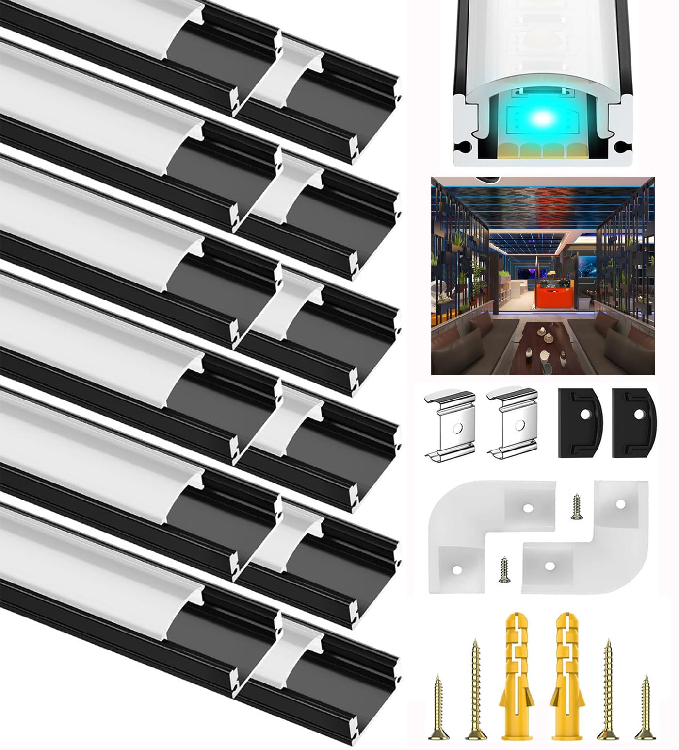 LED Aluminum Profile Black, 12X1M Strip Profile Rail V Shape Channel for 12mm LED Strips, Stripes Aluminum Profile Corner Profile Bar Diffuser Channels with Milky White Cover and 90 Degree Corner Connectors