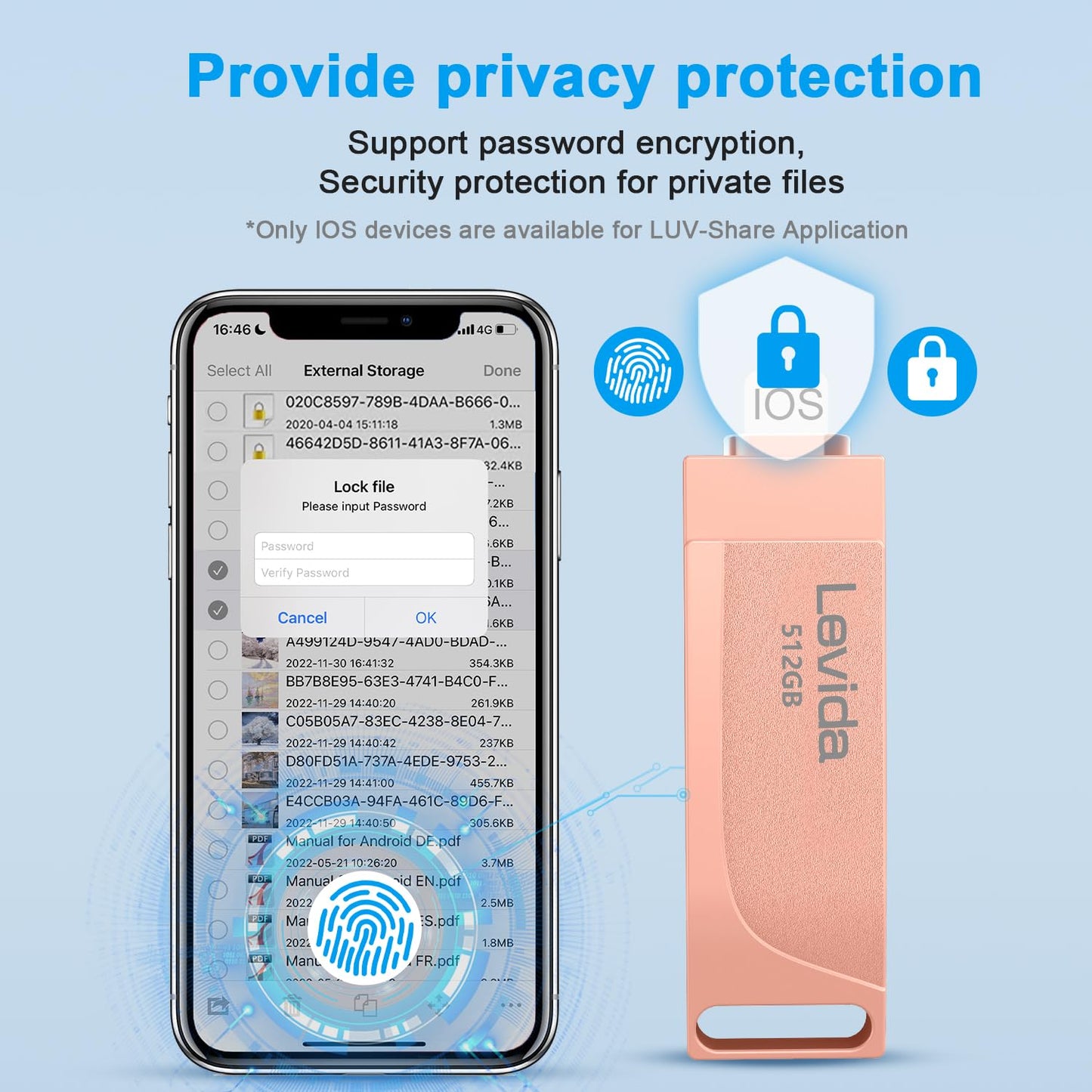 512GB USB stick for Phone, Levida flash drive, Photostick, External storage 4 in 1, Fotostick 3.0, Flash drive for mobile, iOS, Android, iPad, Laptop, PC (Mobile memory, Automatic photo backup), Light pink.