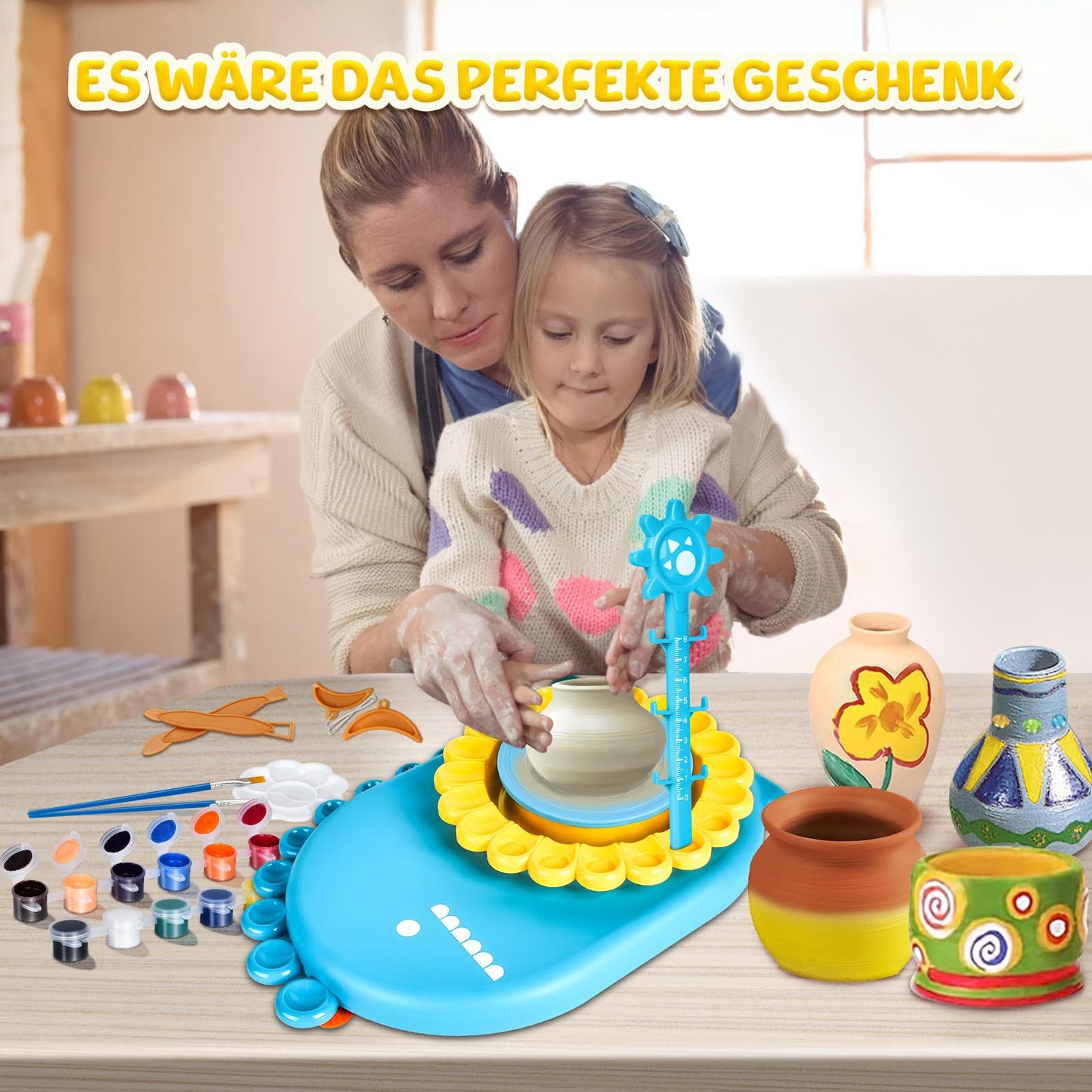 IEEILULU pottery set for kids, electric pottery wheel for kids, mini pottery wheel with clay, colors, diamond stickers, pottery set DIY pottery craft kit gifts for girls (dinosaur)
