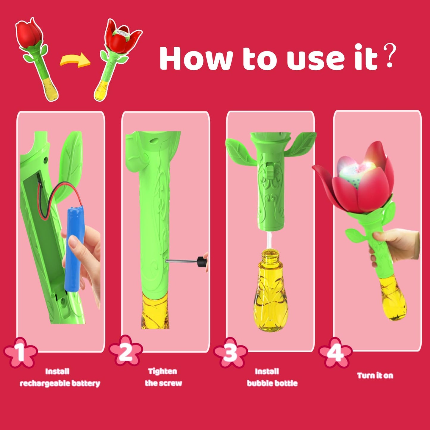 PANACARE Flower Bubble Wand, Electronic Bubble Machine for Kids with bubble solution/battery/light, Bubble Machine 10000+ bubbles toy kids gift/birthday/party/wedding