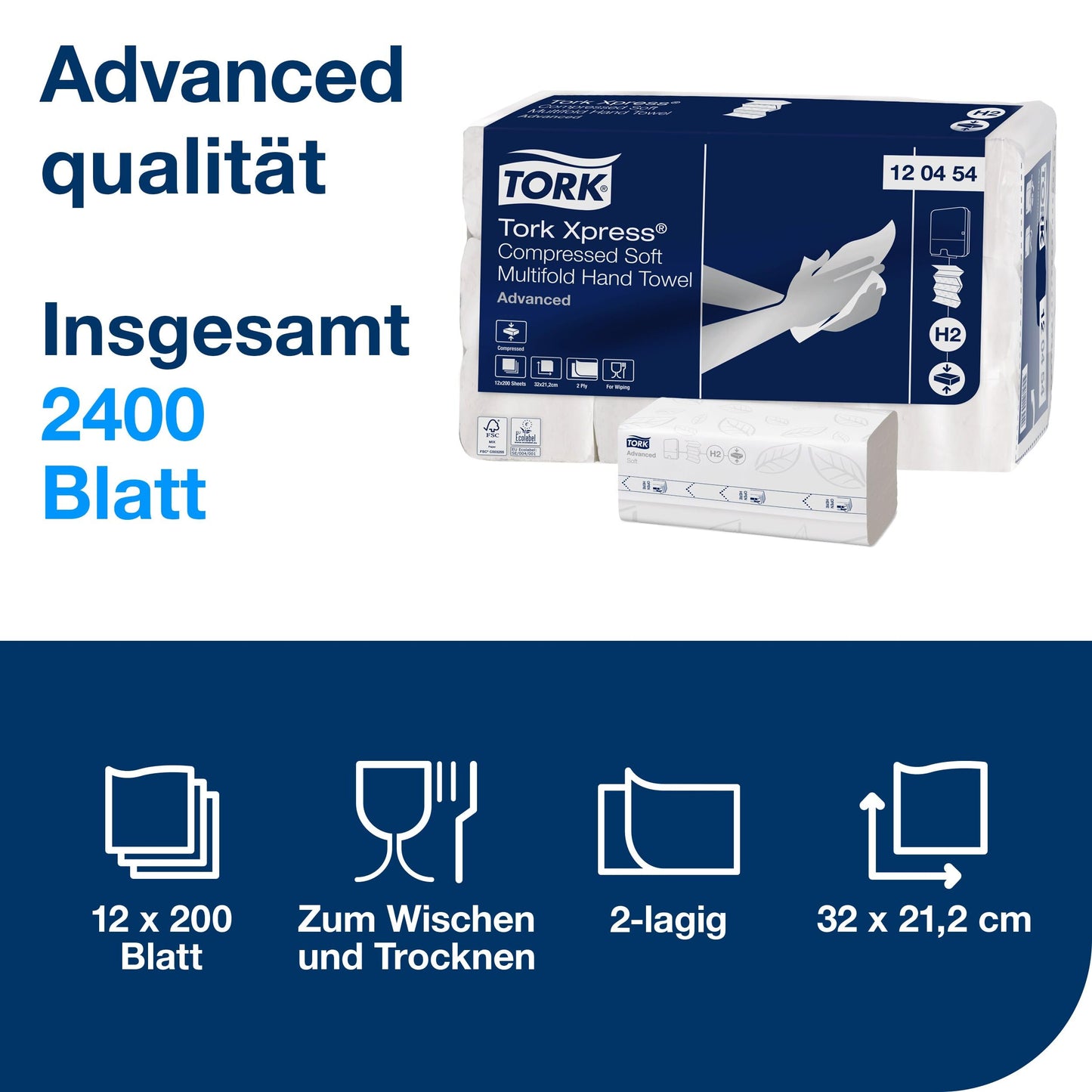Tork Xpress Compressed Soft Multifold Paper Towels White H2, Advanced, 2-Ply, M-Fold Large, 12 x 200 Cloths, 120454