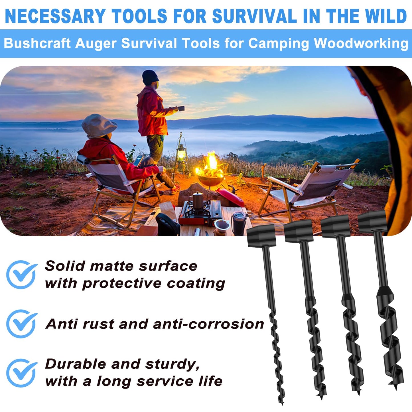 Hand drill Bushcraft - Manual screwdriver, Heavy-duty steel Scotch Eye Wood hand drill Bushcraft drill Survival equipment for woodworking, Outdoor survival, Camping, Swedish fire torch (4 pieces)