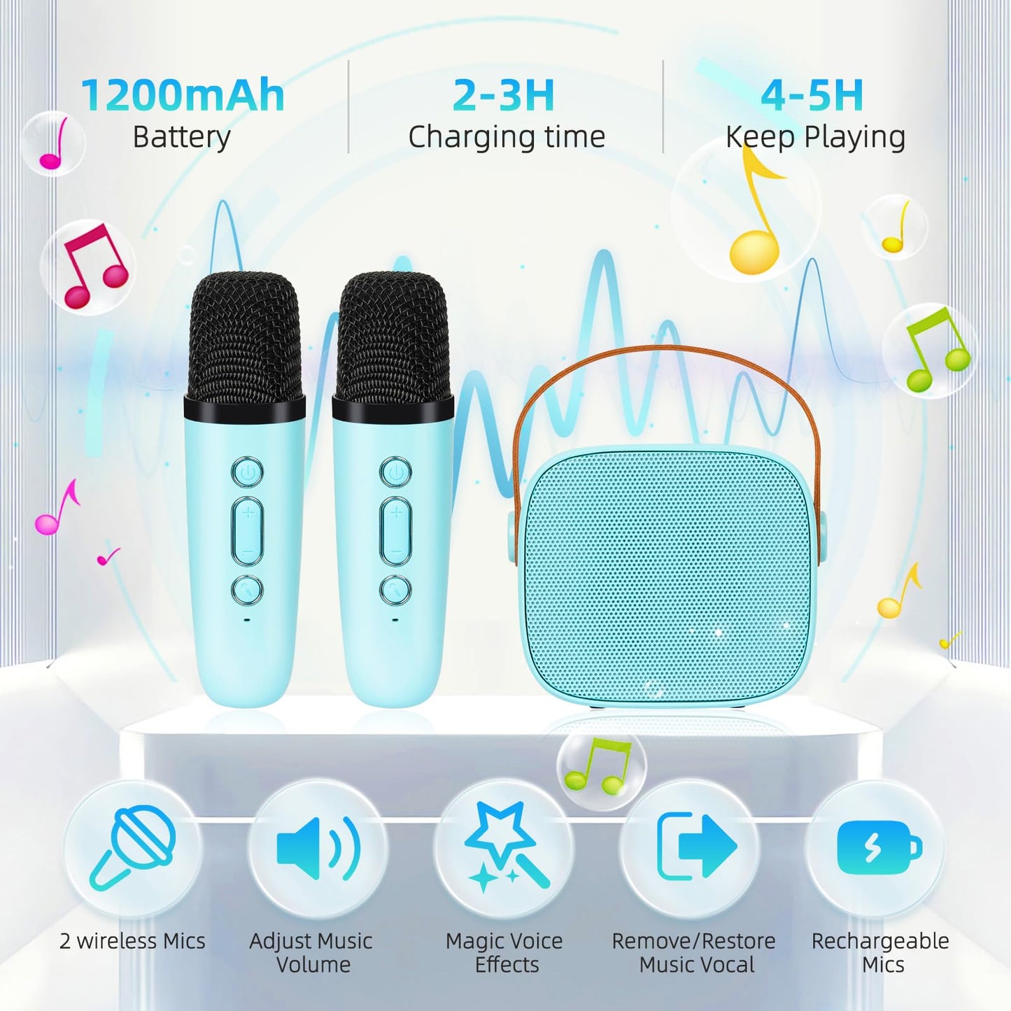 Karaoke machine for kids, mini karaoke system with 2 microphones, portable Bluetooth speaker with voice effects & LED lights, gifts toy for 3-12 year old girls and boys.