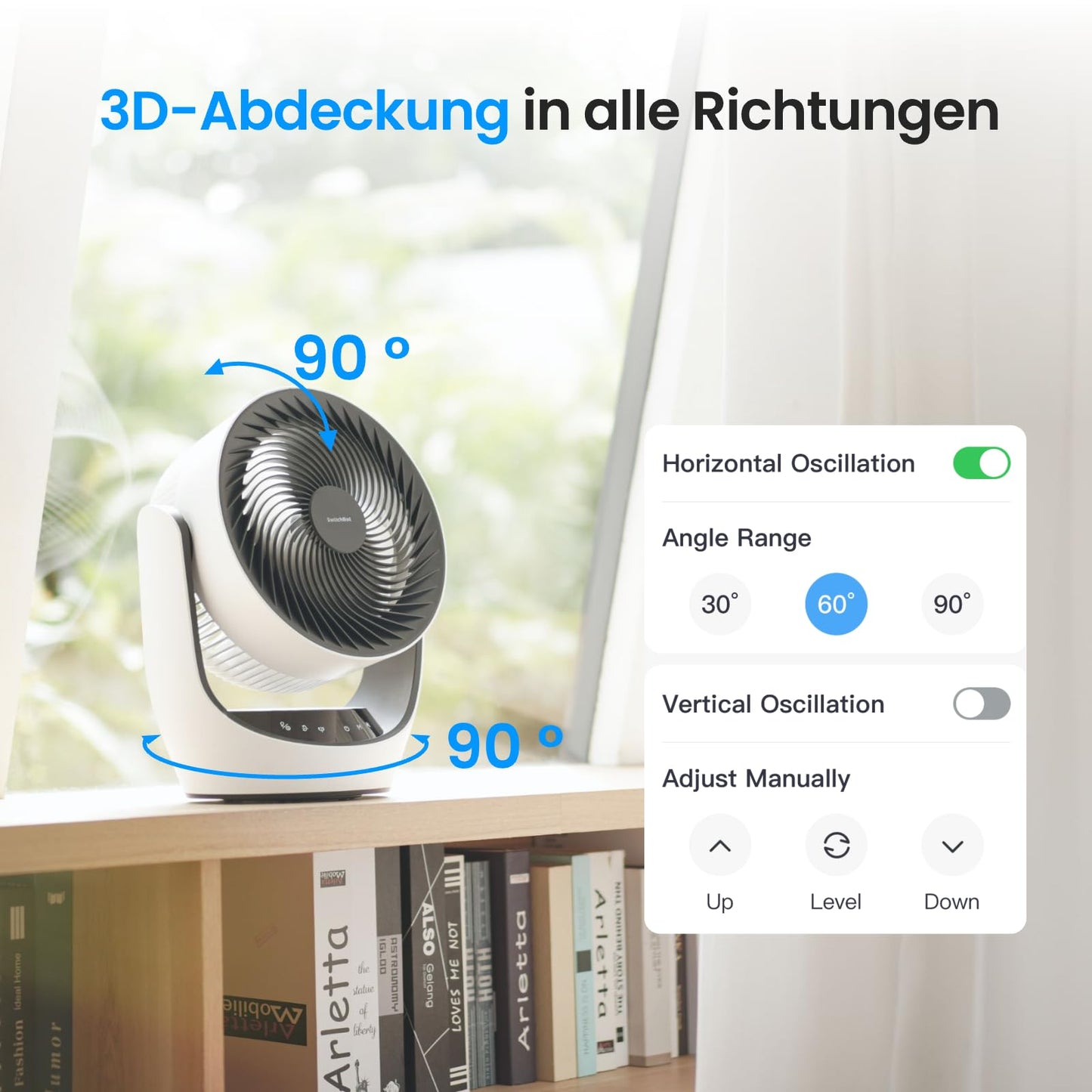 SwitchBot USB desk fan, powerful 24 dB quiet battery-operated circulation fan, Compatible with Alexa/Google/Siri (Hub required), 4 modes, 9-hr timer, energy-efficient circulation fan.