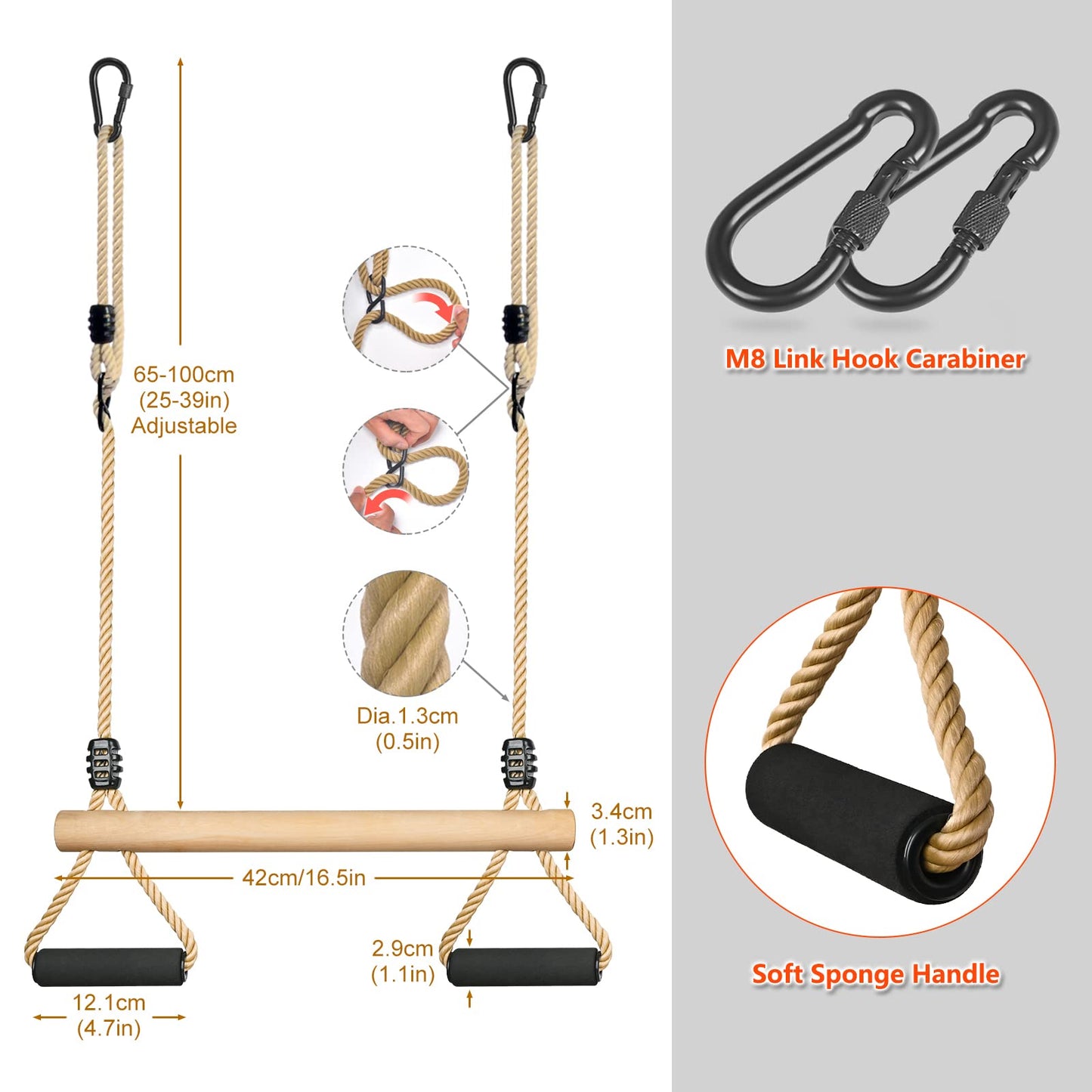 Lyndwin Trapeze Swing, Kids Wooden Multifunction Adjustable Swing with Soft Sponge Handle Indoor Outdoor Children's Trapeze Swing up to 100 kg (42cm)