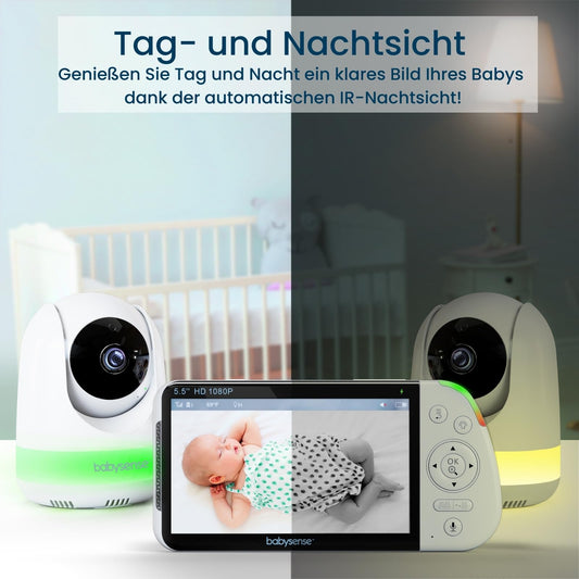Babysense baby monitor with camera and 5.5-inch 1080p full HD split screen display, 2 cameras, RGB night light, 5000mAh large battery, 2-way audio, 4X zoom, no WiFi, Model: MaxView-2CAM