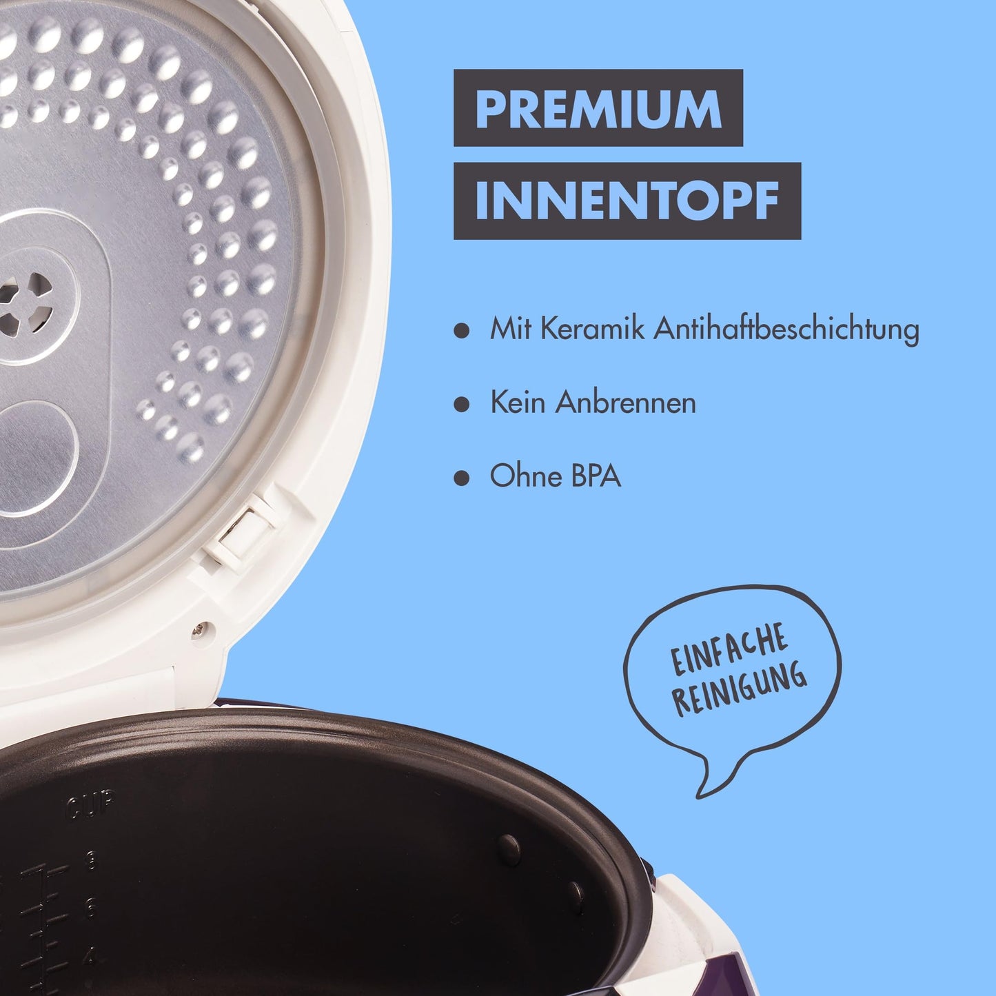REISHUNGER Digital Rice Cooker & Steamer White | 1.5 L up to 8 people | Keep Warm function, Timer & Premium Inner Pot | Multicooker, 12 programs, 7-phase technology