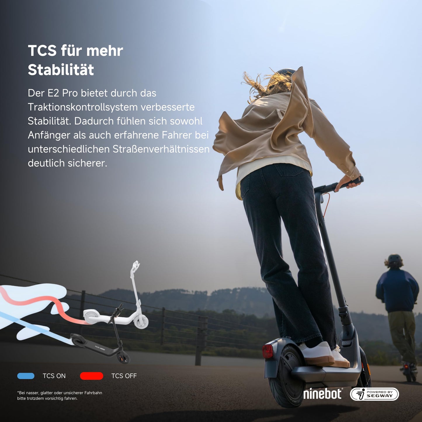 Segway-Ninebot E2 Pro D, street-legal e-scooter for adults, max. 20 km/h speed, 35 km range, anti-slip traction control system.