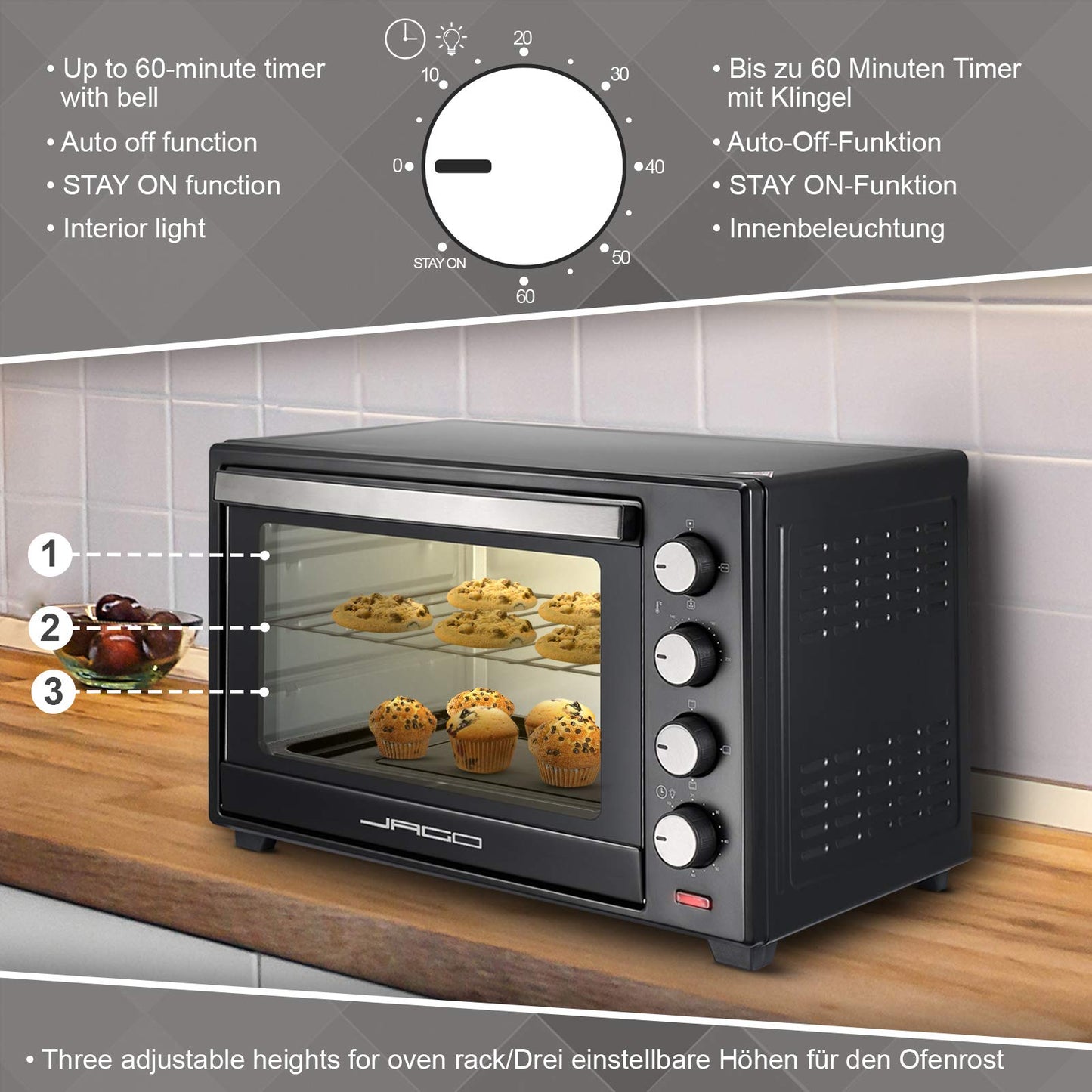 Jago® Mini Oven - with convection, rotisserie, interior light, Electric, 48L, 6 cooking modes, 2000W, Timer, 100-230 °, double glazing, Black - Mini Oven, Mini Electric Oven, Oven, Grill-Oven