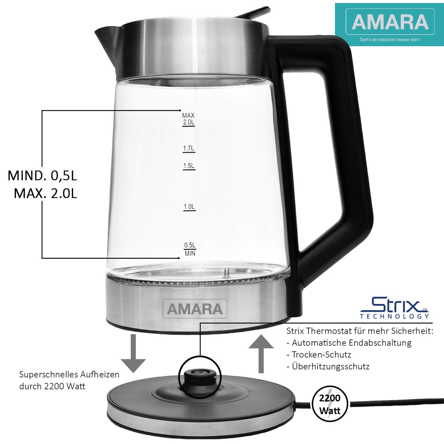 AMARA Glass Electric Kettle with Temperature Control 2200 Watts 2L especially quiet Temperature range 50-100°C With EASY-FILL filling system LED color change indicates temperature.