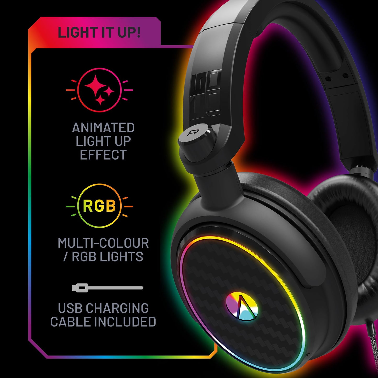Stealth C6-100 LED Over Ear Gaming Headset for PS4/PS5, Xbox, Nintendo Switch, PC. Features flexible microphone, 3.5mm jack, 1.5m cable, lightweight, comfortable and durable.
