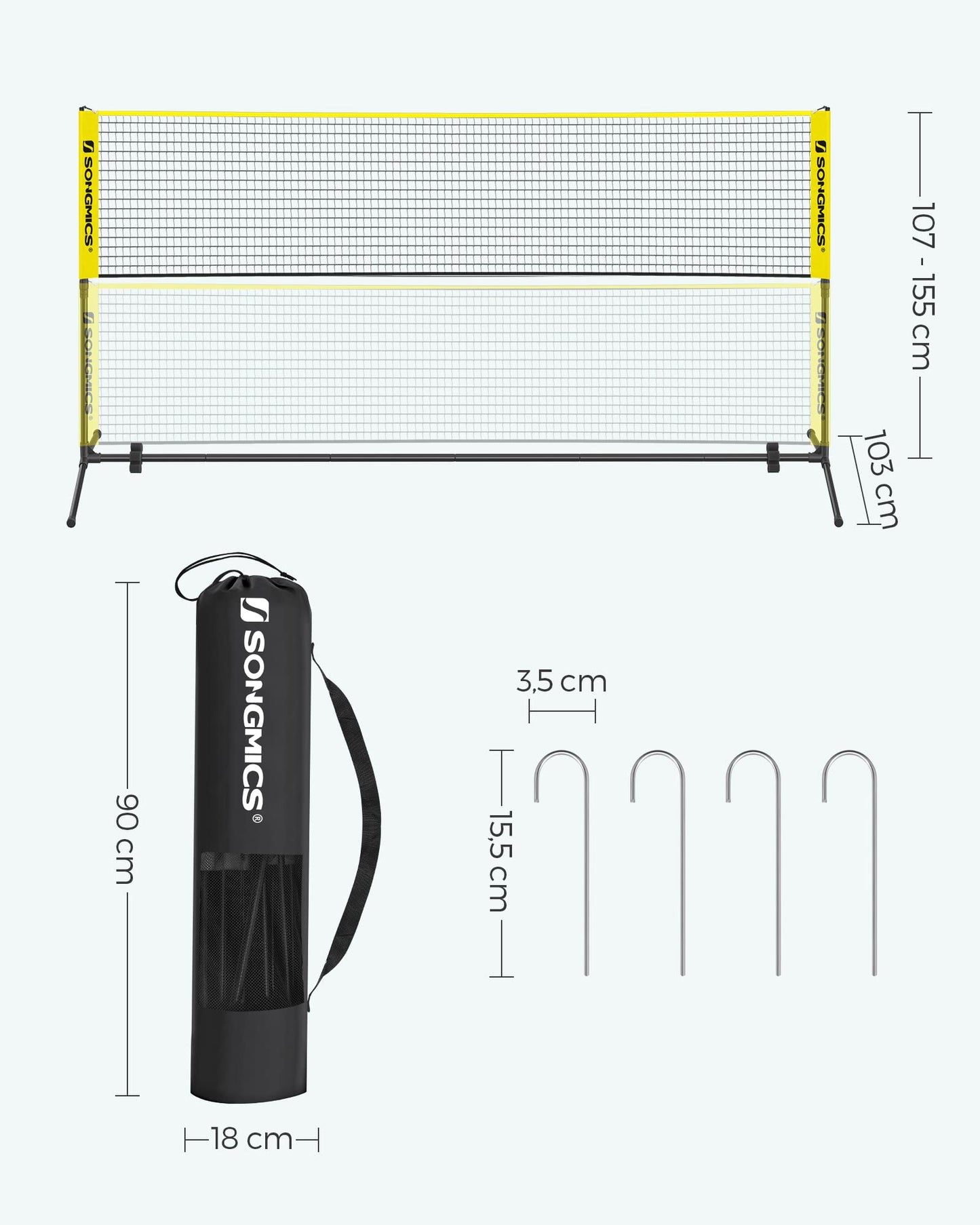 SONGMICS 3m Badminton Net, Volleyball Net, adjustable poles, portable set for tennis, beach volleyball, for garden, park, outdoor, Yellow SYQ300Y