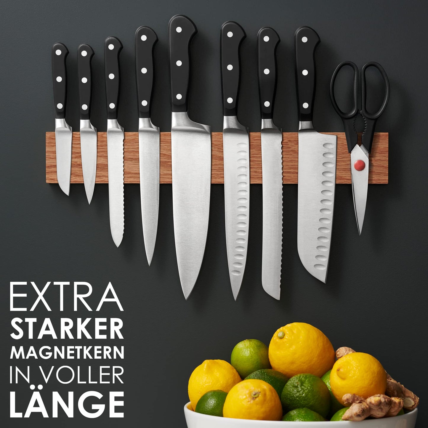 LARHN oak wood magnetic knife strip with extra strong magnet - 40 cm - wooden magnetic knife holder for utensils and tools - knives not included