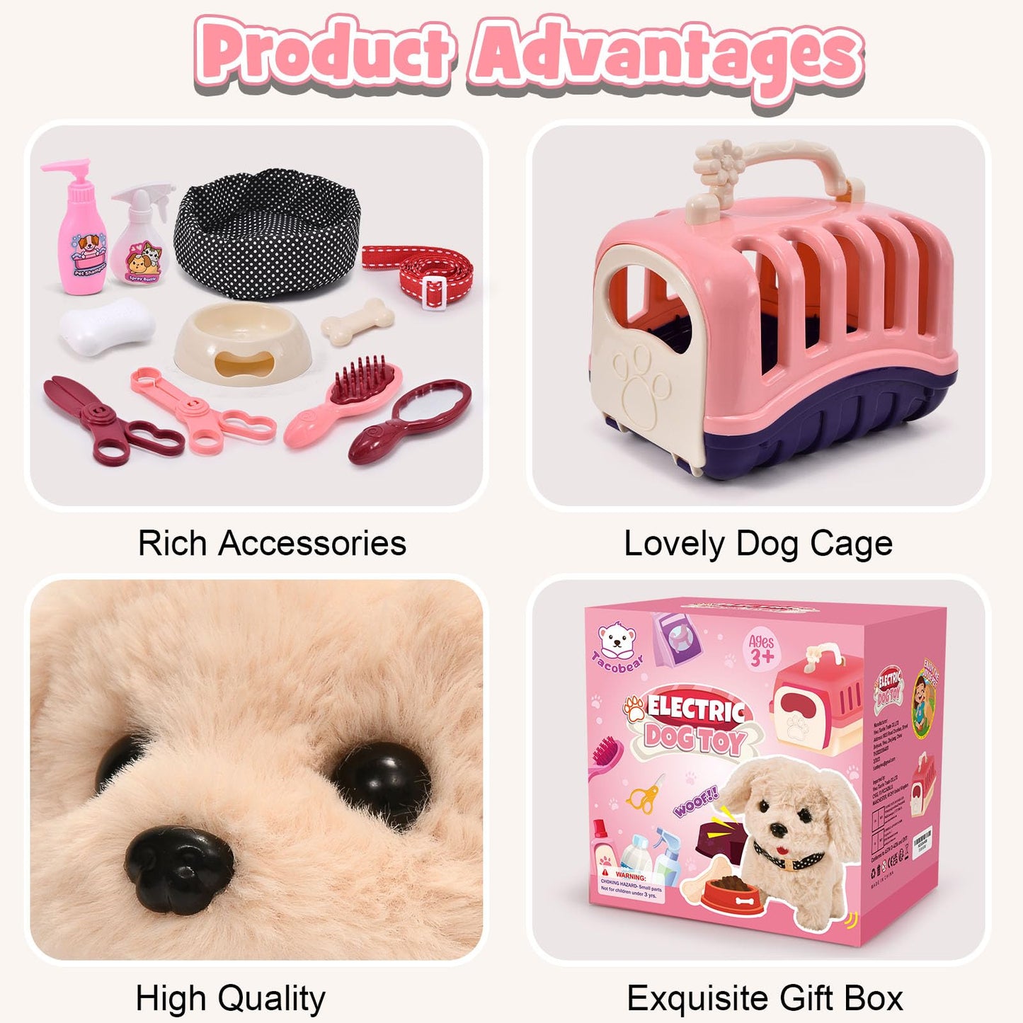 Tacobear dog toy that walks, barks, and wags its tail. Electric plush dog with leash, dog cage, interactive pet, stuffed animal gift for kids, girls aged 3-6 years.