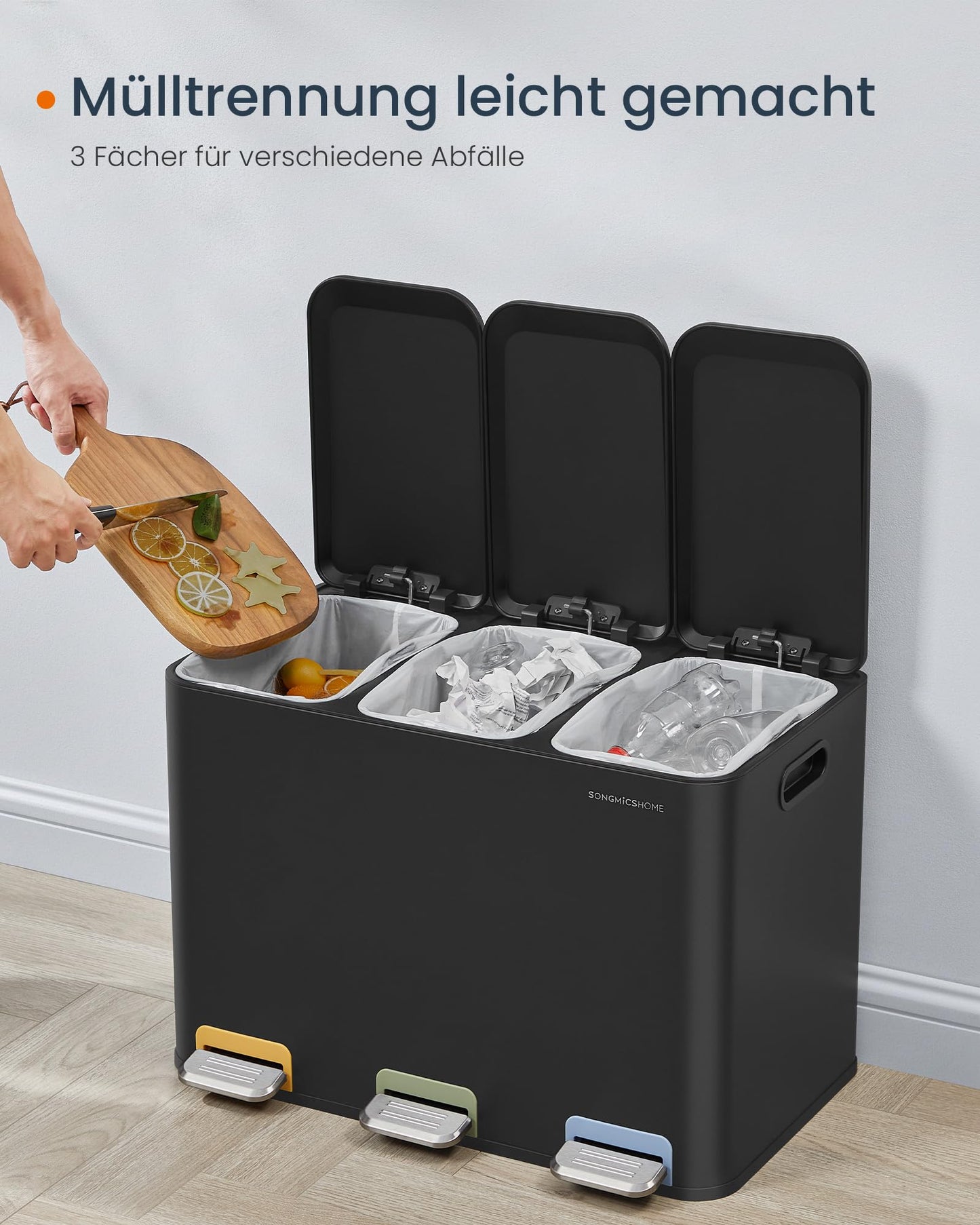 SONGMICS HOME Kitchen Trash Can, 3 x 15 L Compartments, Waste Bin with color-coded pedals, Recycling System, with lids and inner buckets, Steel, ink black LTB740B02V1