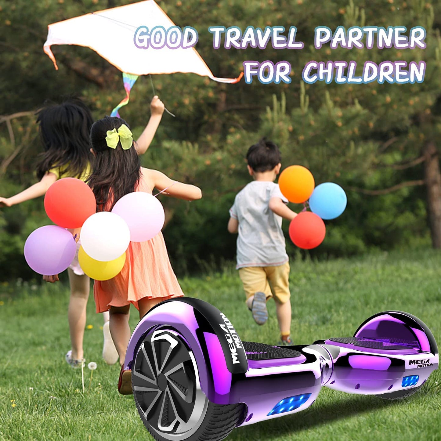 MEGA MOTION Hoverboard Kart, 6.5 inch Hoverboards with seat, equipped with Bluetooth speaker and LED lights, gift for adults and children.