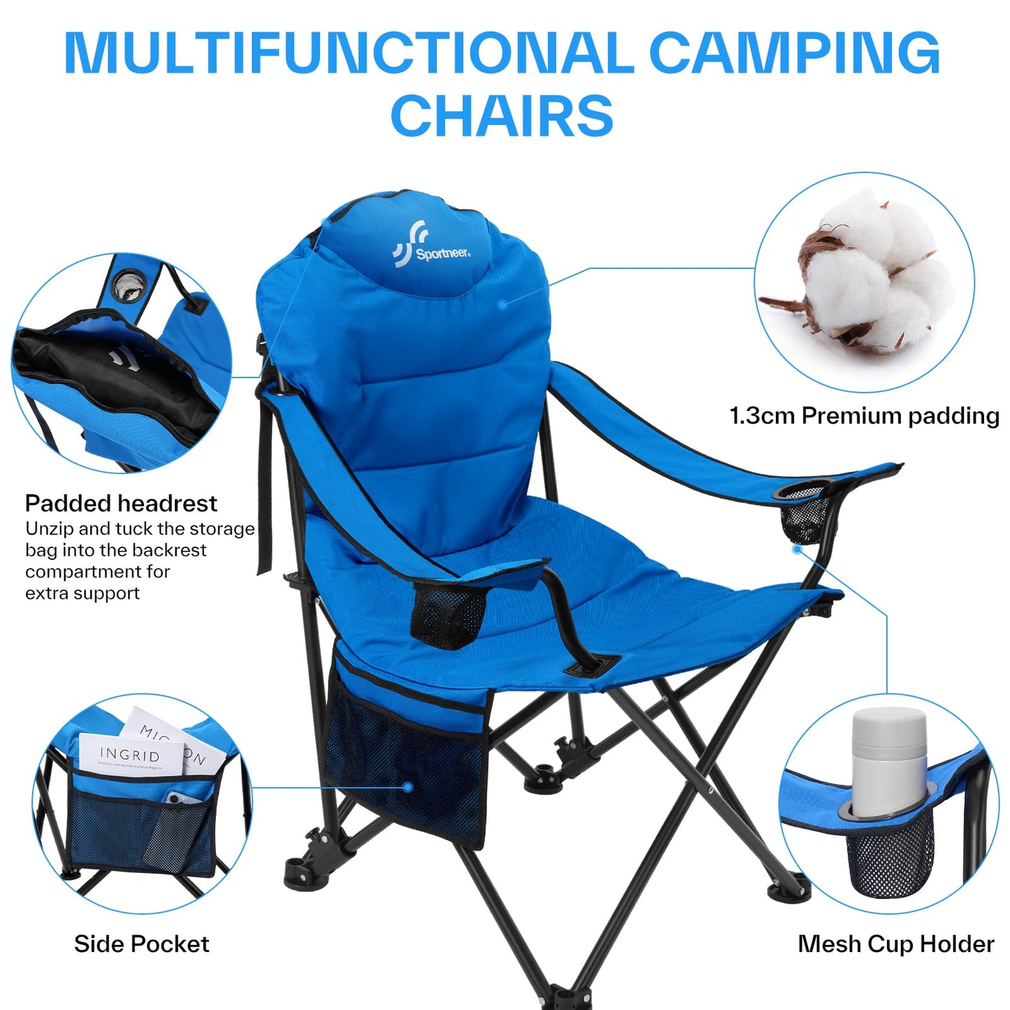 Sportneer Folding Camping Chair: Foldable camping chair up to 160 kg with 3 adjustable angles, backrest, headrest, and carrying bag. Blue, 2-pack.