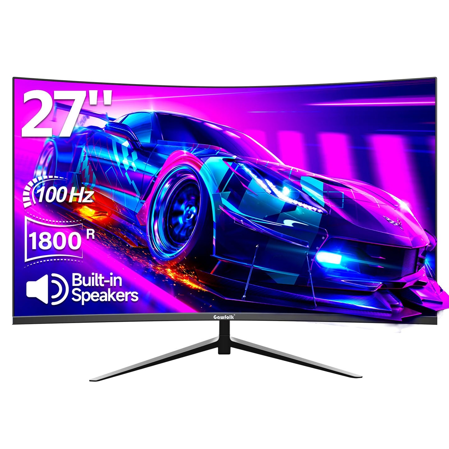 Gawfolk 27-inch curved monitor with 100Hz refresh rate, built-in speakers, 1080P resolution, 1800R curvature, 75Hz computer screen with Eye Care technology. Features HDMI and DP ports, VESA compatible.