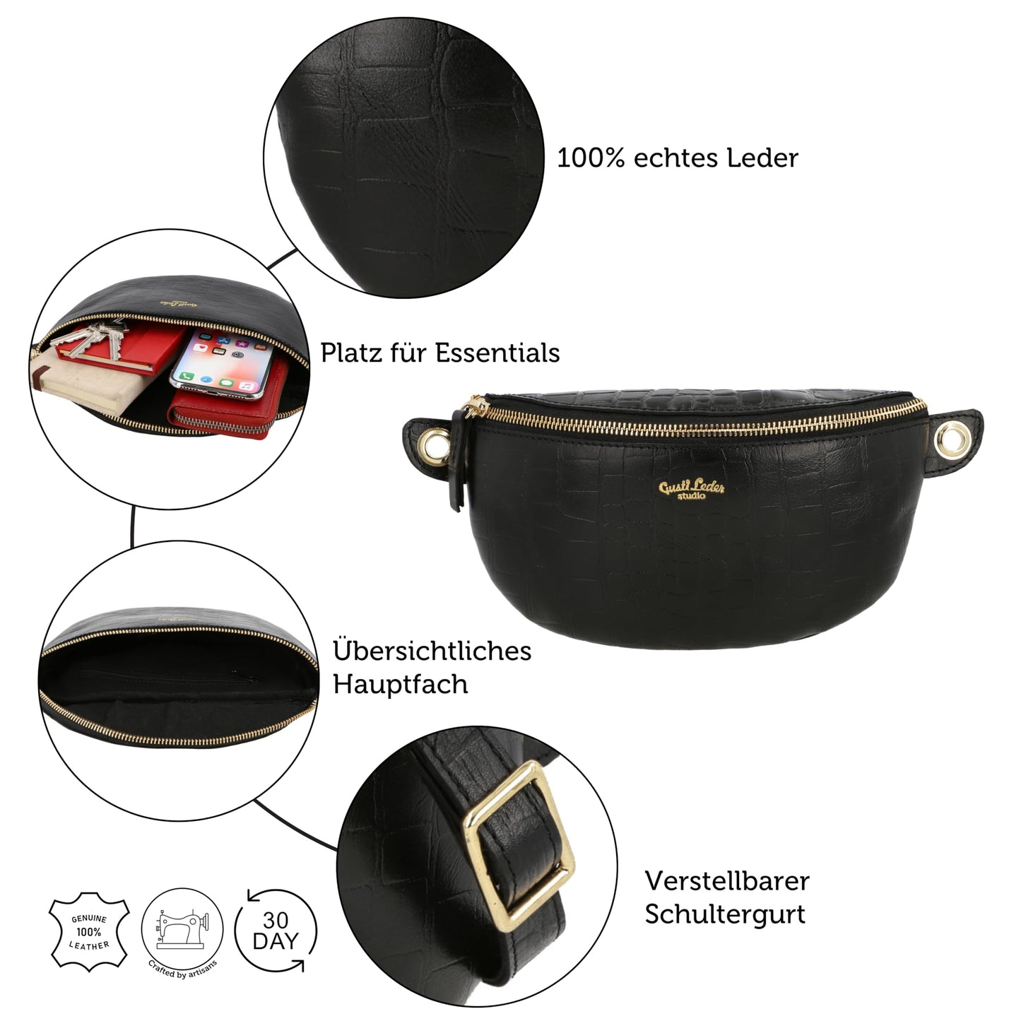 Gusti Leather Waist Bag - Annabelle Men's and Women's Waist Bag Fanny Pack Handbag Leather Bag Black Leather