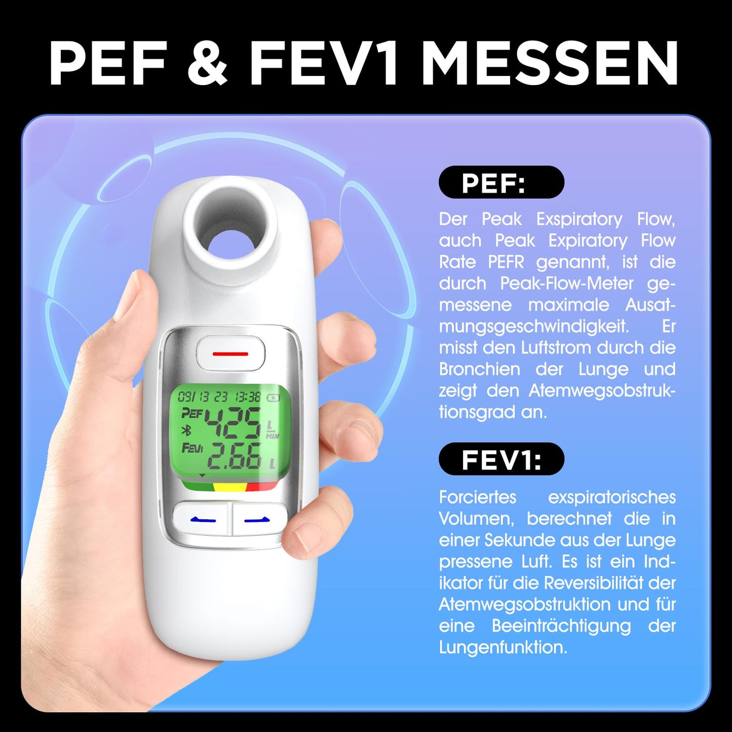 Peak Flow Meter 2.0 with Bluetooth, lung trainer for adults and children to monitor lung function, 300 historical data with time, for asthma COPD, PEF & FEV1, risk indicator, APP.