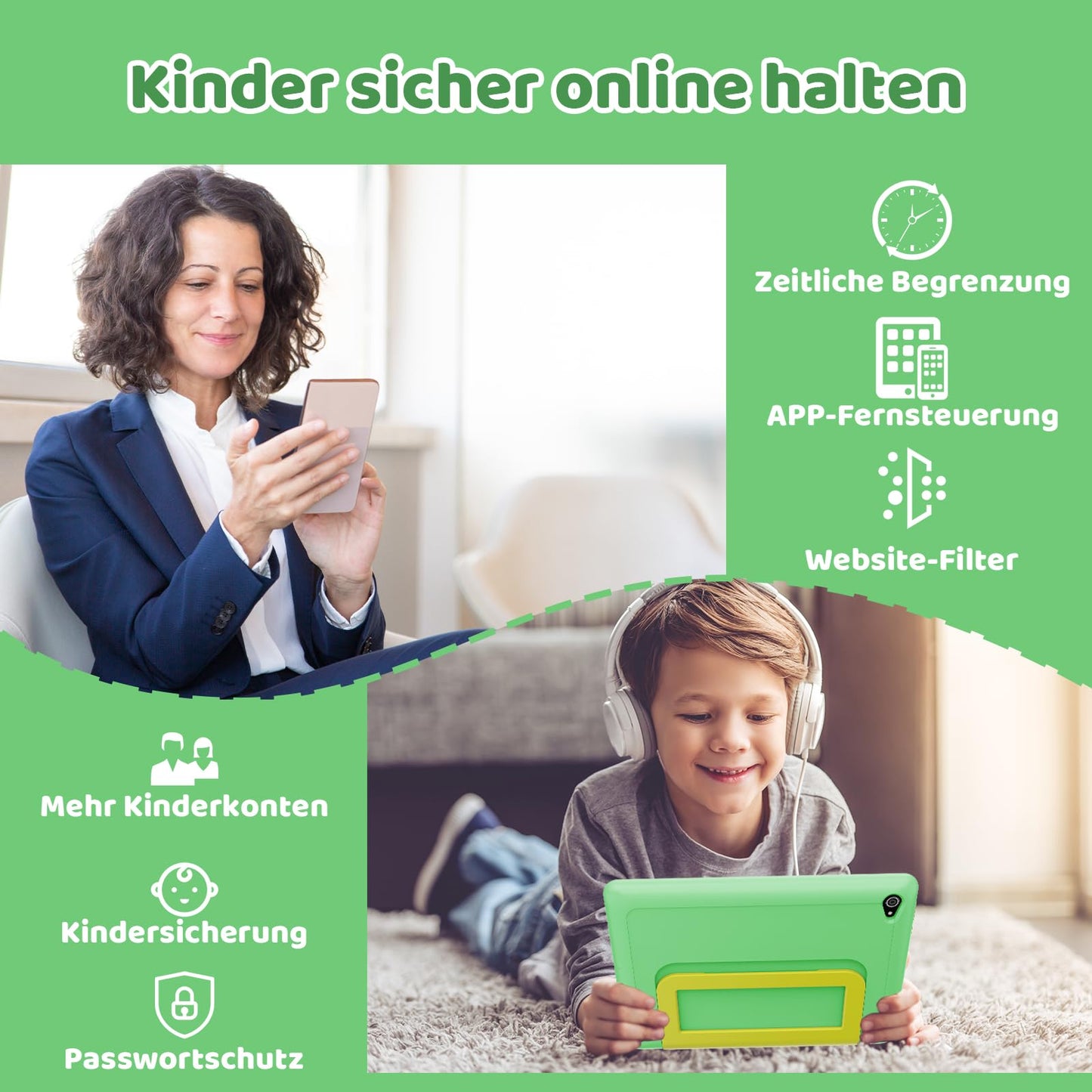 Angel Android 14 Kids Tablet, Octa-Core Processor Tablet for Kids, 14GB+64GB, 5000mAh, Parental Control, WiFi 6, Bluetooth 5.3, Kid-Friendly Case (green)