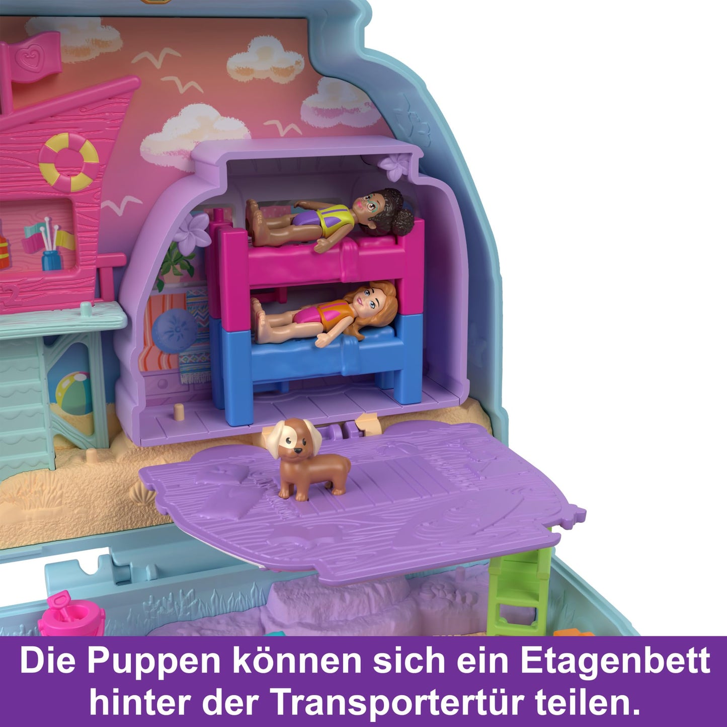 Polly Pocket Holiday at the Dog Beach Locket - Road trip adventure with 2 dolls, 12 accessories ultimate seaside campsite, campfire and lifeguard tower, for kids ages 4+, HRD36