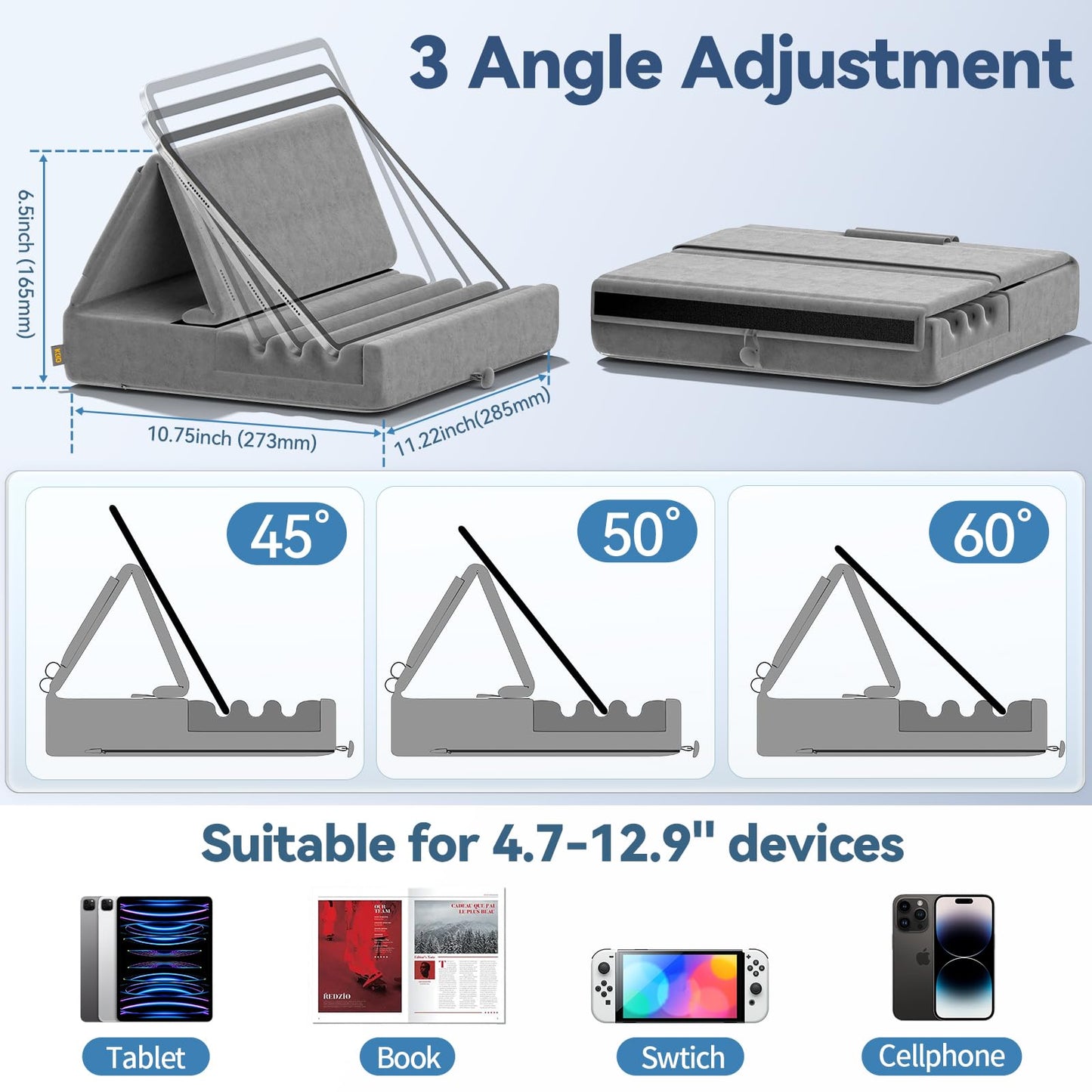 KDD Tablet Holder Pillow, Foldable iPad Stand for Lap Bed Desk - Tablet Soft Pillow Holder with Pocket & Stylus Holder for iPad Pro 12.9 10.5 9.7 Air Mini 6 5 4 E-Reader Gray