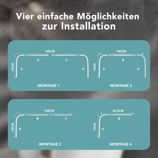 Erica Shower Curtain Rod L-shaped & U-shaped - 4-in-1 shower curtain rod for bathtub or shower - Corner shower rod - Steel with powder coating - Without ceiling mounting - White