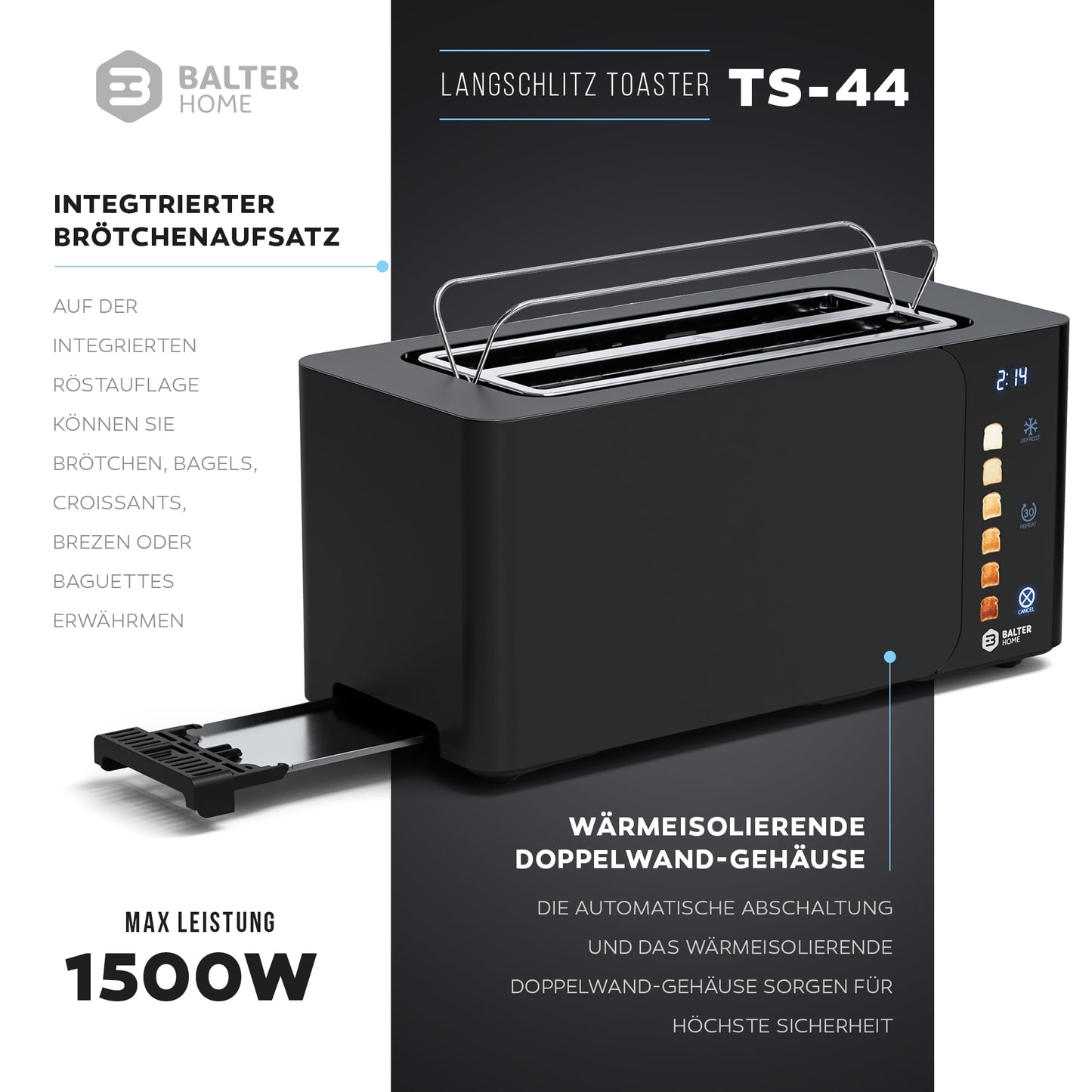 Balter 4-Slice Toaster, Touch Control, Long Slot, Stainless Steel, Bun Warmer, LCD Display, Defrost Function, Bread Centering, TS-44 Matte Black