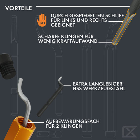 Ruthex deburring tool with 11 blades for plastic, metal, stainless steel, copper, PVC - perfect for 3D printing accessories - hand deburrer with storage compartment in handle - 360° rotating blades.