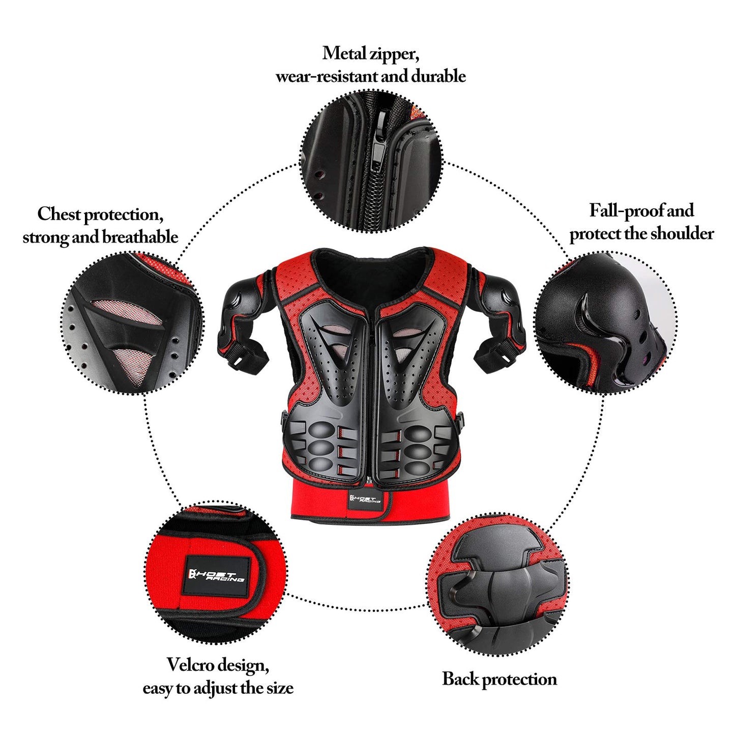 JUSTDOLIFE Motorcycle Protective Jacket, Kids Motorcycle Armor with Knee Pads Elbow Pads Chest Protector Racing for Outdoor Sports - 4/6/8/10/12/14 Years (Red)