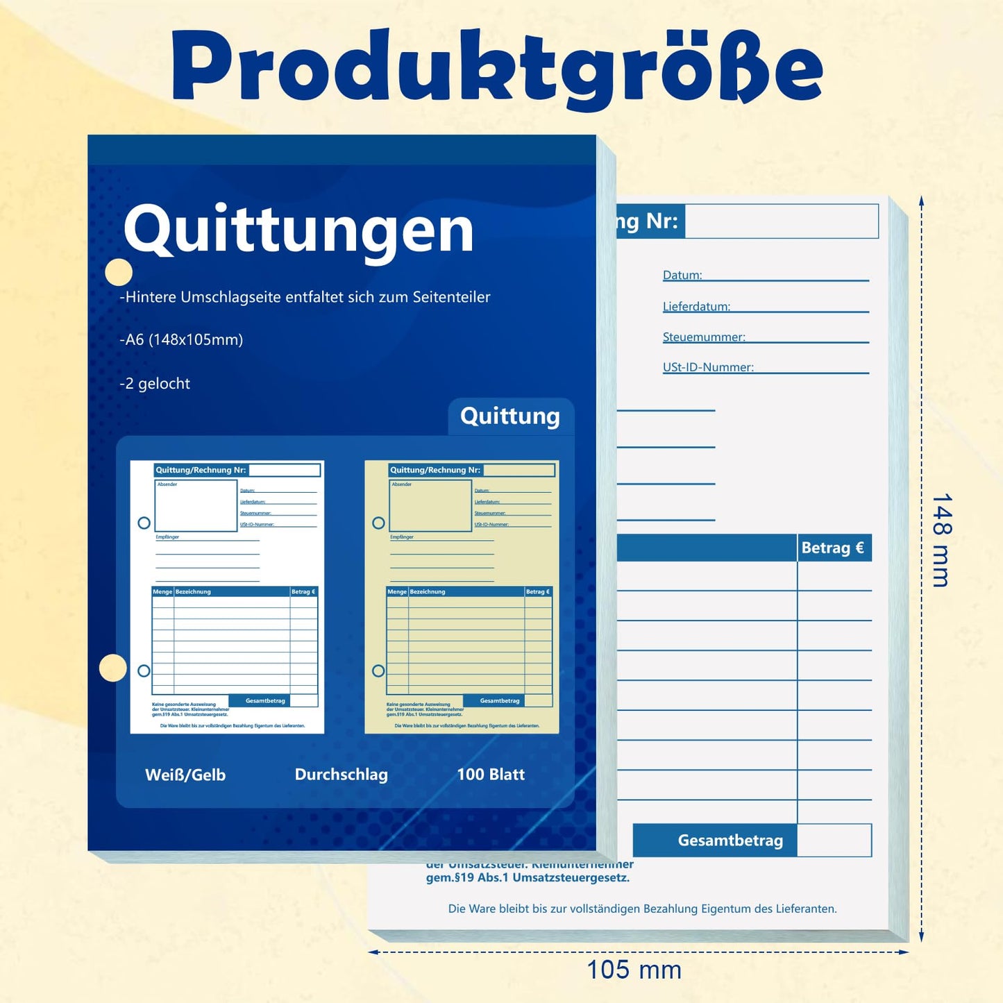 6 pieces of A6 receipt book, carbon copy invoice book for small business owners. 2 x 50 sheets, punched for small businesses, clubs, and freelancers.