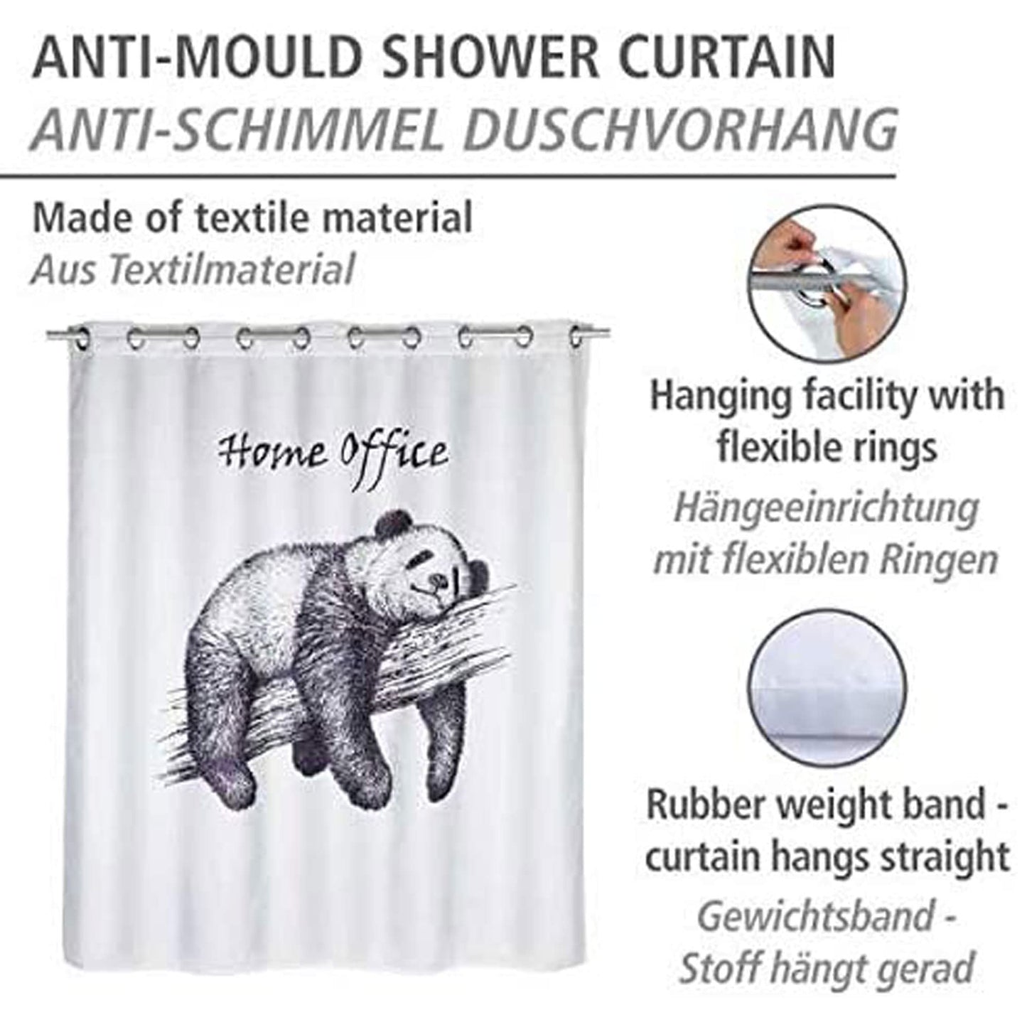 WENKO Anti-Mold Shower Curtain Home Office Flex, antibacterial textile curtain with anti-mold effect, washable, water-repellent, with integrated hanging system, 180 x 200 cm, Black/White