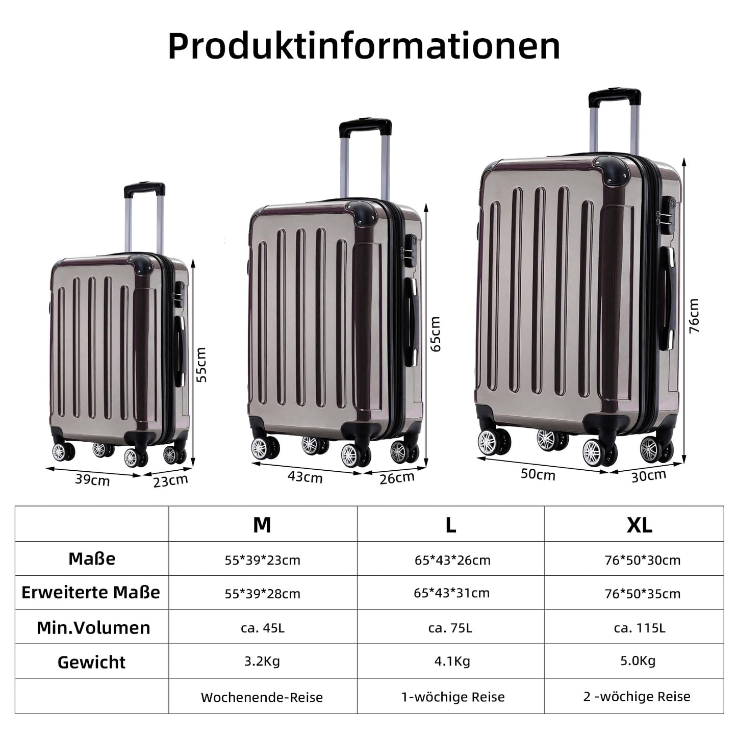 BEIBYE Twin Rolls 2048 Hard Shell Trolley Suitcase Travel Bag Luggage in M-L-XL Set (Coffee, XL)
