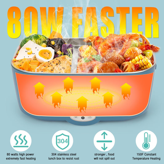 Electric lunch box food warmer for car 3 in 1 (12V/24V/220V) 1.5L with fork spoon 80W detachable stainless steel heating electric lunch box portable food container for truck household camping