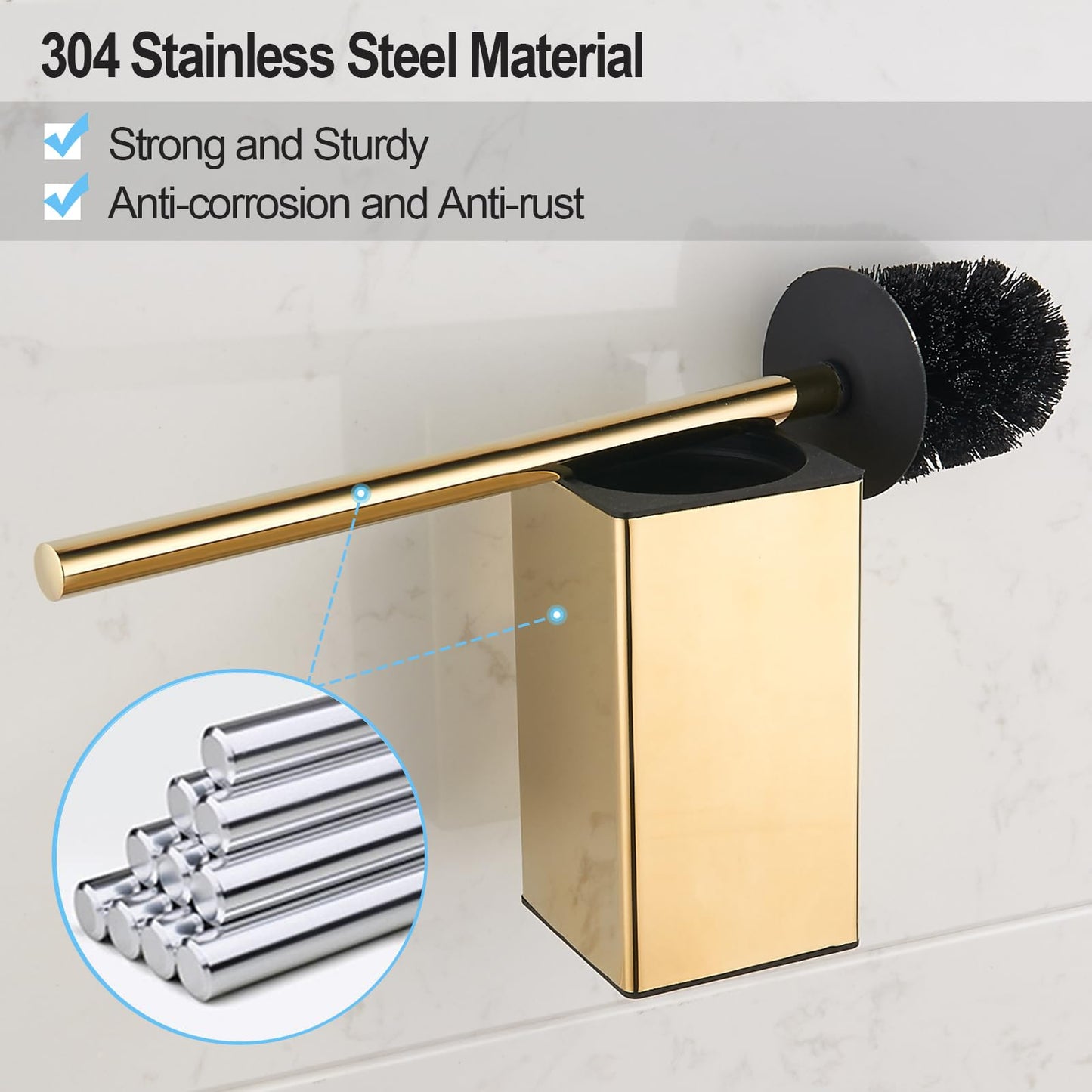304 stainless steel, square, gold toilet brush holder
