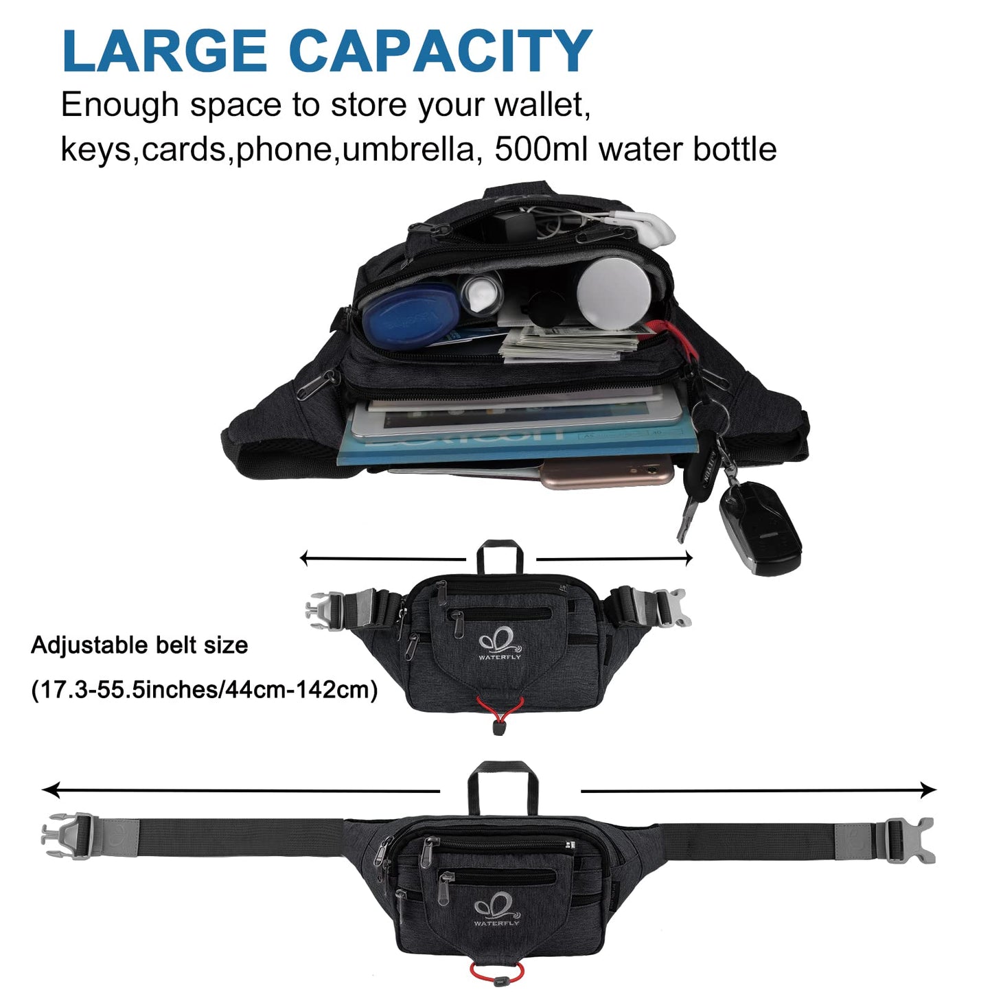 WATERFLY waist bag fanny pack for women and men, suitable for running, fitness, jogging, hiking.