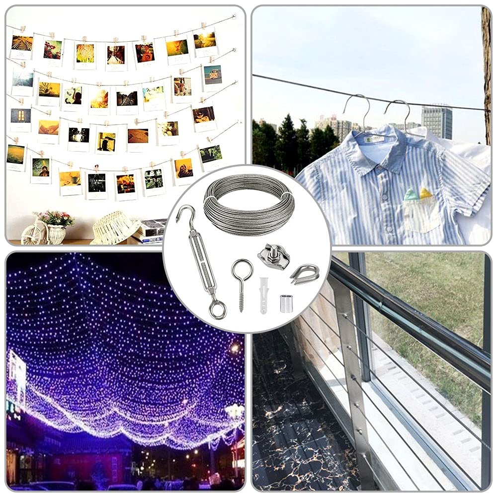 Stainless steel wire rope set with 60pcs, 35m/2mm steel rope for trellis with M5 turnbuckle, eye screw, wire rope clamps, aluminum rope clamps.