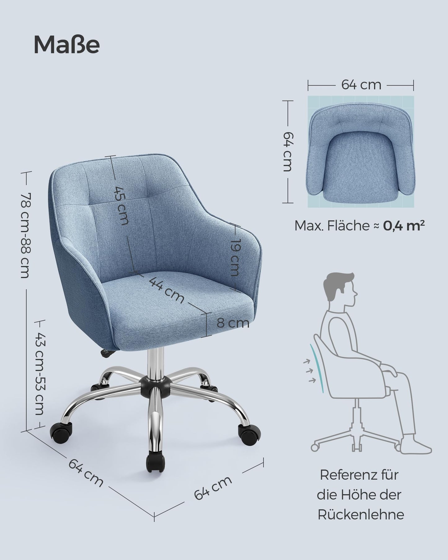 SONGMICS home office chair, swivel chair, desk chair, height adjustable, weight capacity up to 110 kg, breathable fabric, for study room, bedroom, blue OBG019Q01